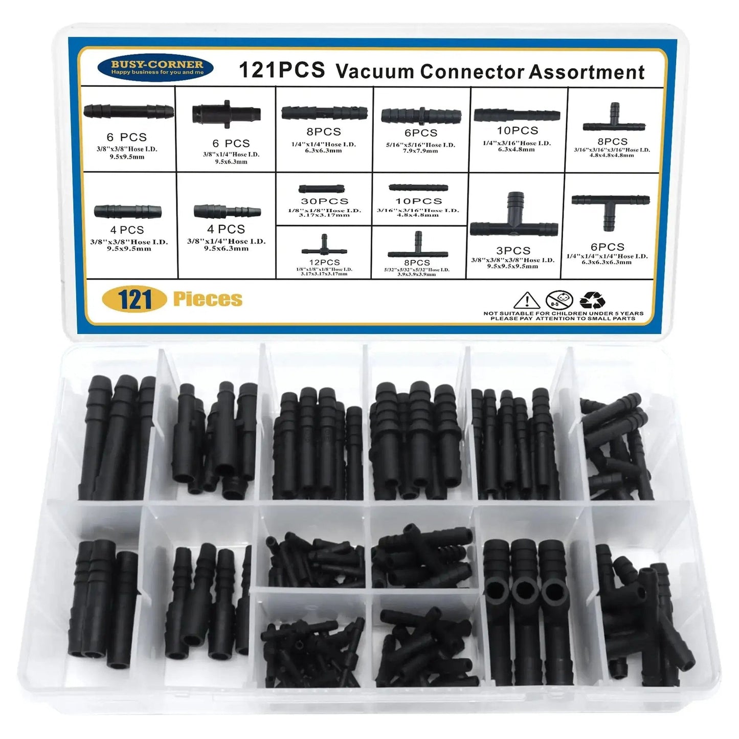 121 Piece 14 Size Automotive Vacuum Connector Kit Nylon Includes Tee Reducer And Straight Vacuum Hose Connectors For Easy Fit And Replacement.