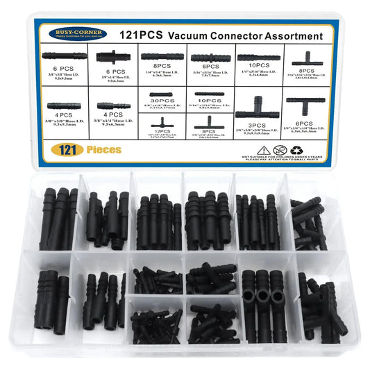 121 Piece 14 Size Automotive Vacuum Connector Kit Nylon Includes Tee Reducer And Straight Vacuum Hose Connectors For Easy Fit And Replacement.