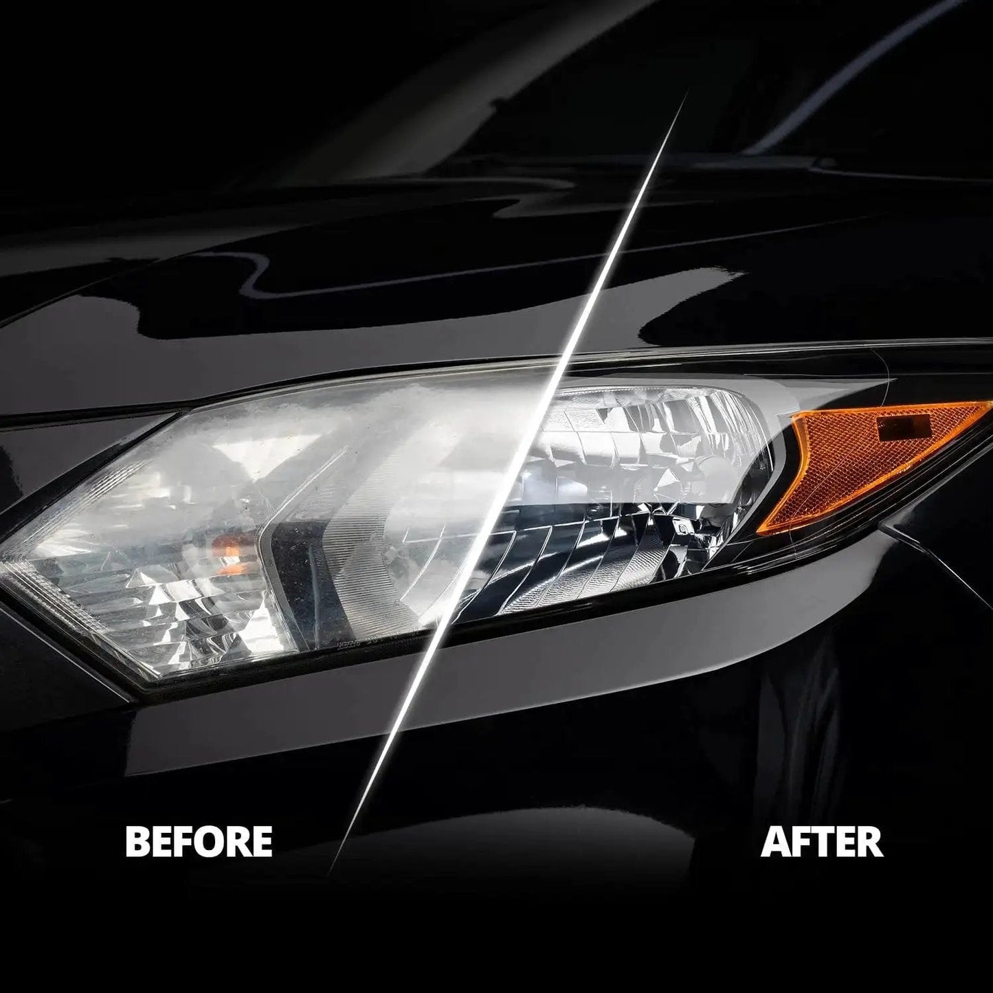 Before and after effect of Headlight Restoration Kit With Ceramic Coating Wipes For Clear Lasting Results on car headlights.