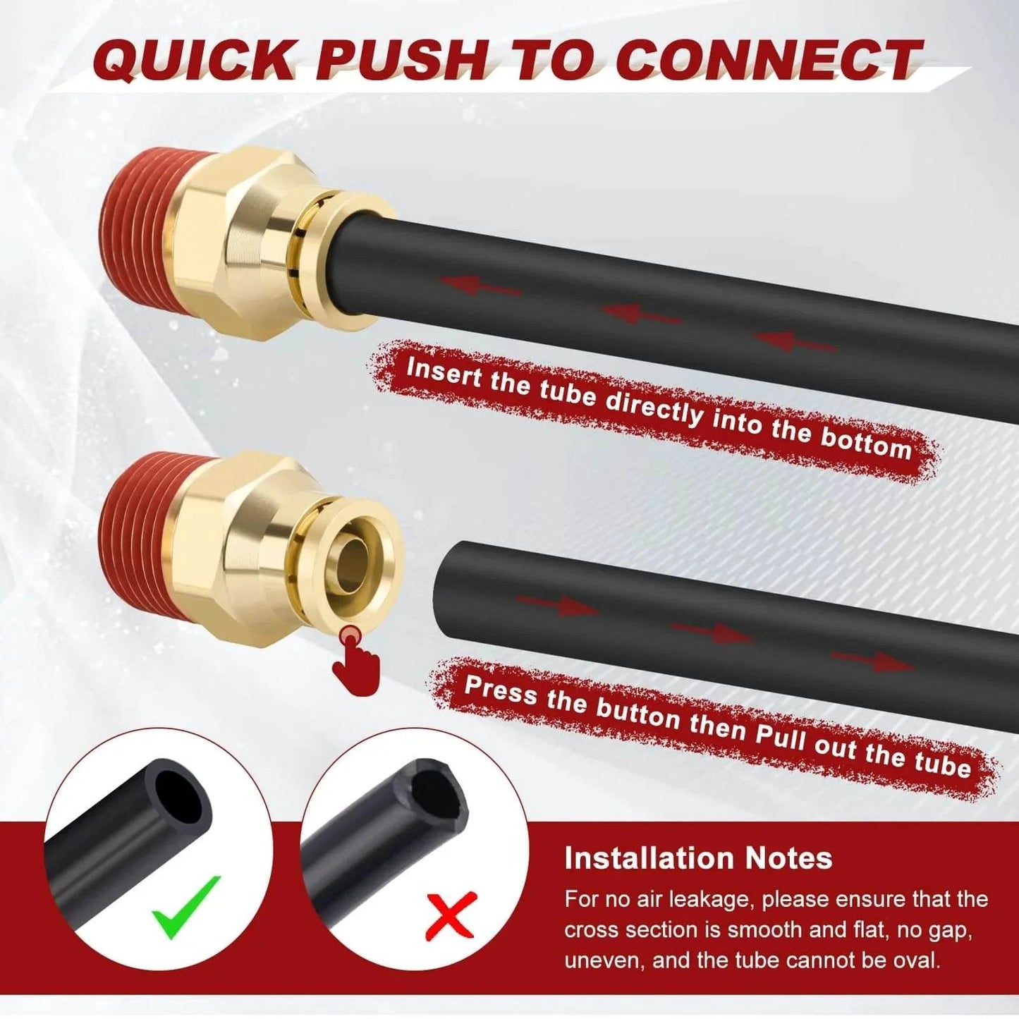 1/4 Inch Quick Push To Connect Brass Union Straight Fitting High Quality DOT Approved For Tube OD X NPT Thread Air Line Adapter Suspension Kit For Truck Trailers And Brake System 4pcs installation guide, showing brass fitting with tube insertion instructions.