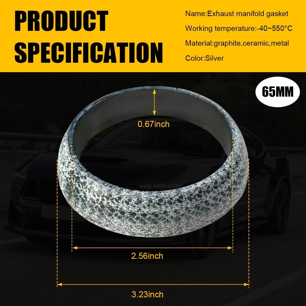 65mm car exhaust gasket with high grade graphite flange seal donut muffler ring for no fuss quick install piping connection leakproof manifold exhaust replacement for SUV truck RV, detailed dimensions shown.