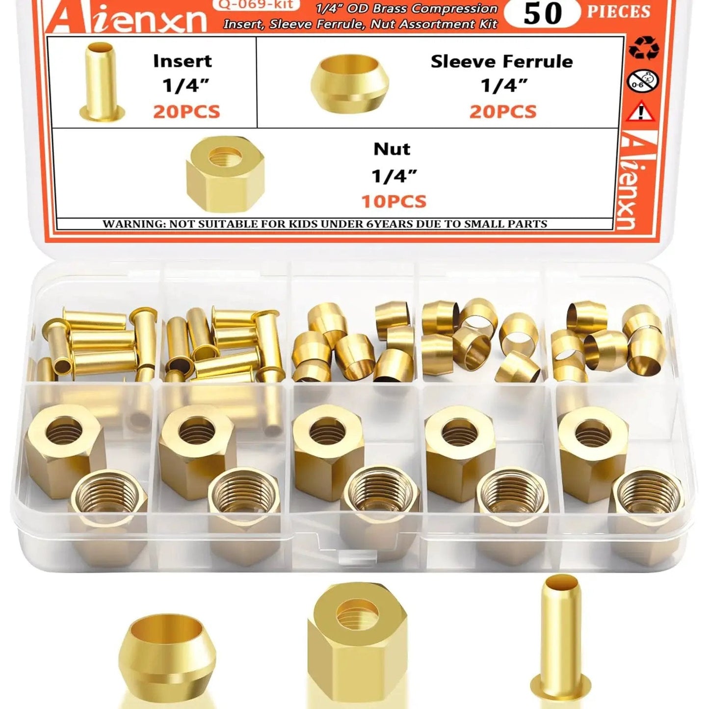 Brass Compression Fittings Assortment Kit 1/4 Inch 50 Piece Set With 20 Inserts 20 Sleeve Ferrules And 10 Nuts displayed in a clear box.