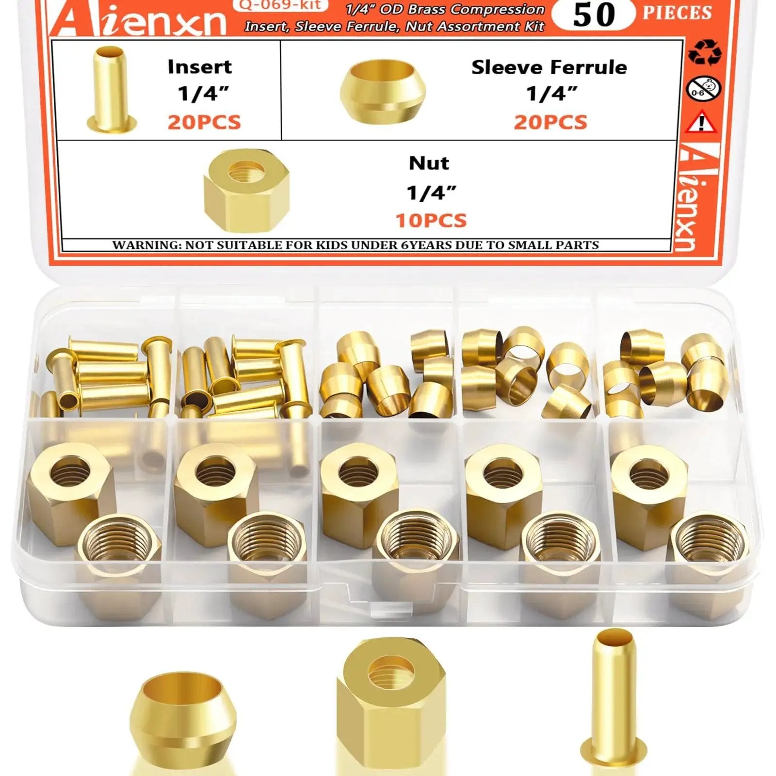Brass Compression Fittings Assortment Kit 1/4 Inch 50 Piece Set With 20 Inserts 20 Sleeve Ferrules And 10 Nuts displayed in a clear box.