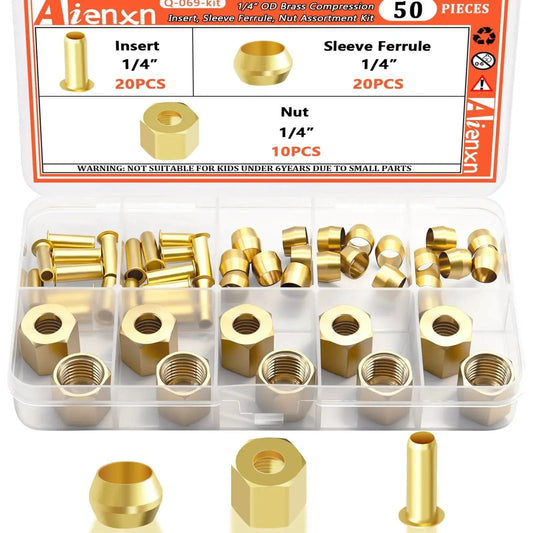 Brass Compression Fittings Assortment Kit 1/4 Inch 50 Piece Set With 20 Inserts 20 Sleeve Ferrules And 10 Nuts displayed in a clear box.