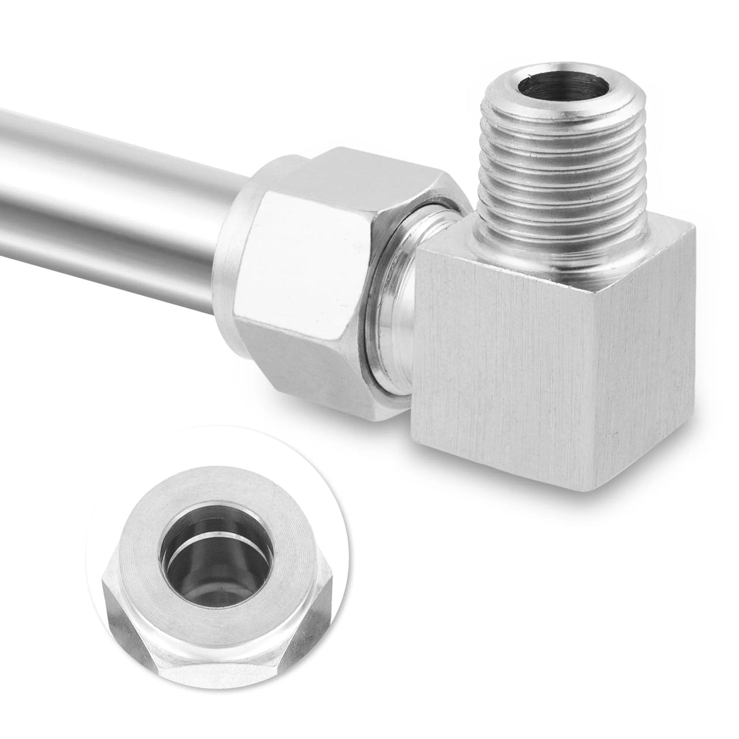 Image of a Stainless Steel 304 Compression Tube Fitting 90 Degree Male Elbow With Double Ferrules For Three Eighths Inch Tube To Three Eighths Inch NPT Male Pack Of 2 High Pressure 0-2900 PSI -58 To 842 Fahrenheit, showing a close-up and side view.