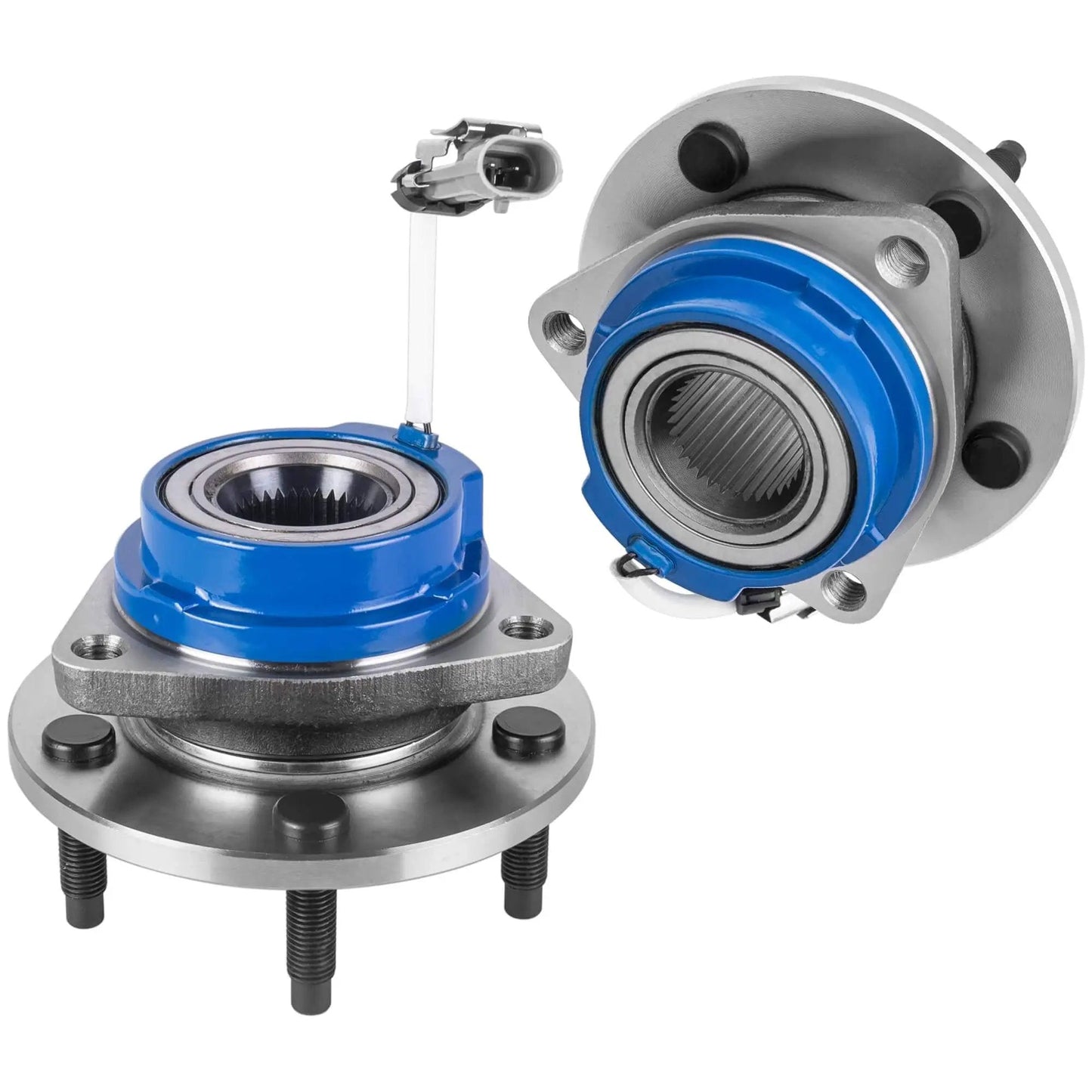 Front Wheel Hub Bearing Assemblies With ABS 5 Lug Two Piece Set Compatible With Chevrolet Impala, blue and silver design, close-up view