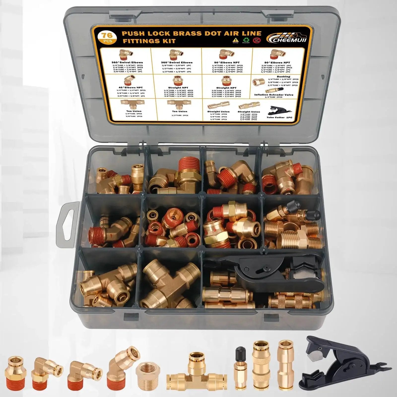 76 Piece Brass DOT Air Line Fittings Kit With Push To Connect And NPT Threads in storage case