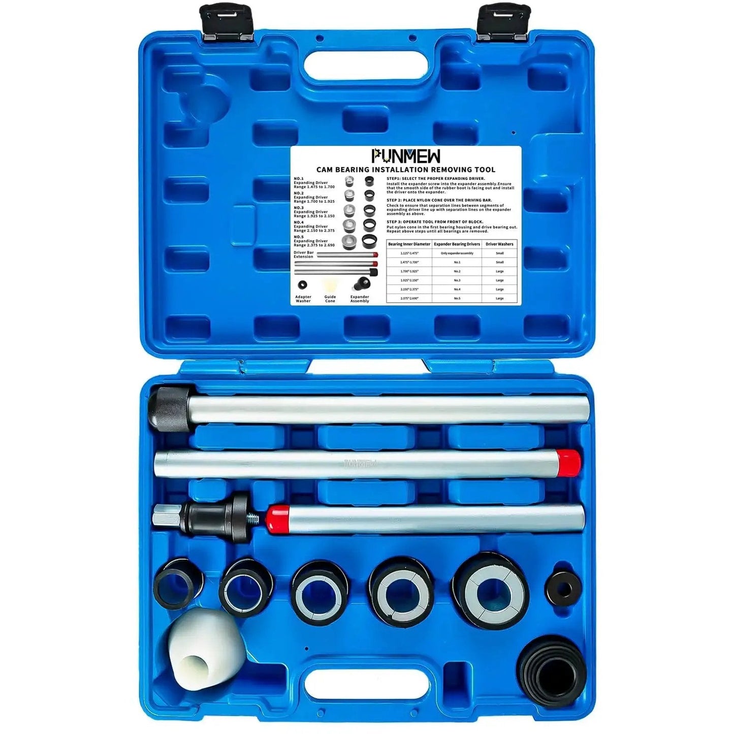 Open case of cam bearing removal and installation tool kit with adapters for most domestic and imported vehicles, blue case.