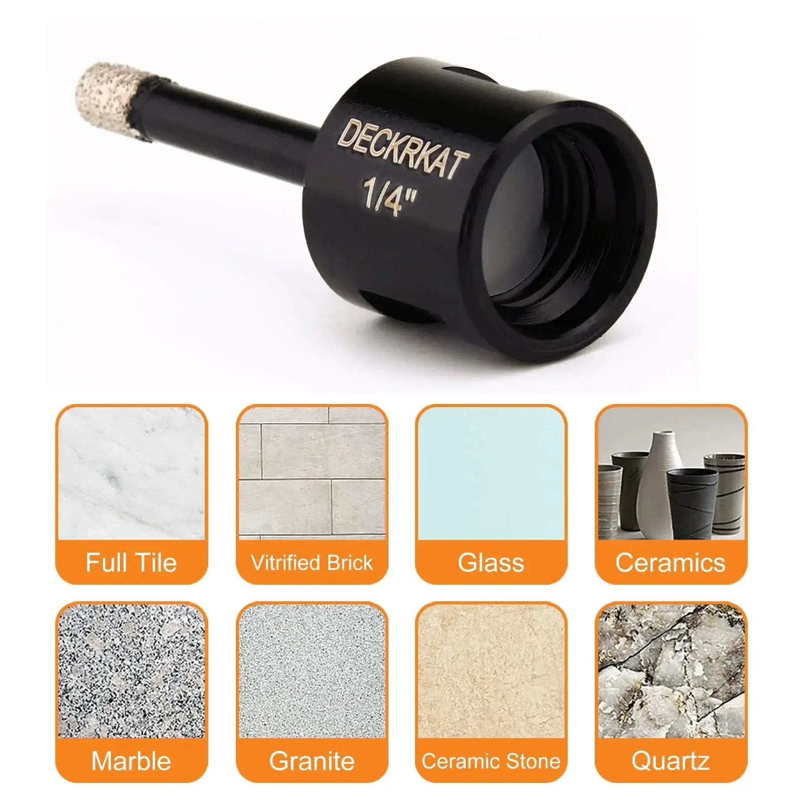 Two Pack 1/4 Inch Diamond Core Drill Bits For Dry And Wet Drilling On Granite Marble Ceramic Glass Porcelain Tiles Stones And Flower Pots With 5/8-11 Thread For Angle Grinders Including Tile Hole Saw Bits showing one drill bit with 1/4 inch marking