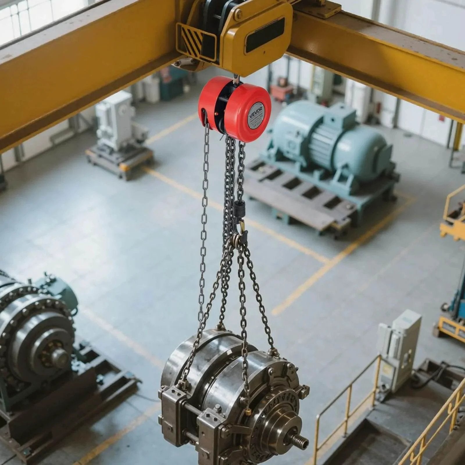 1 Ton Hand Chain Hoist With 10 Ft Lift Height And Galvanized G70 Chain lifting equipment in industrial setting.
