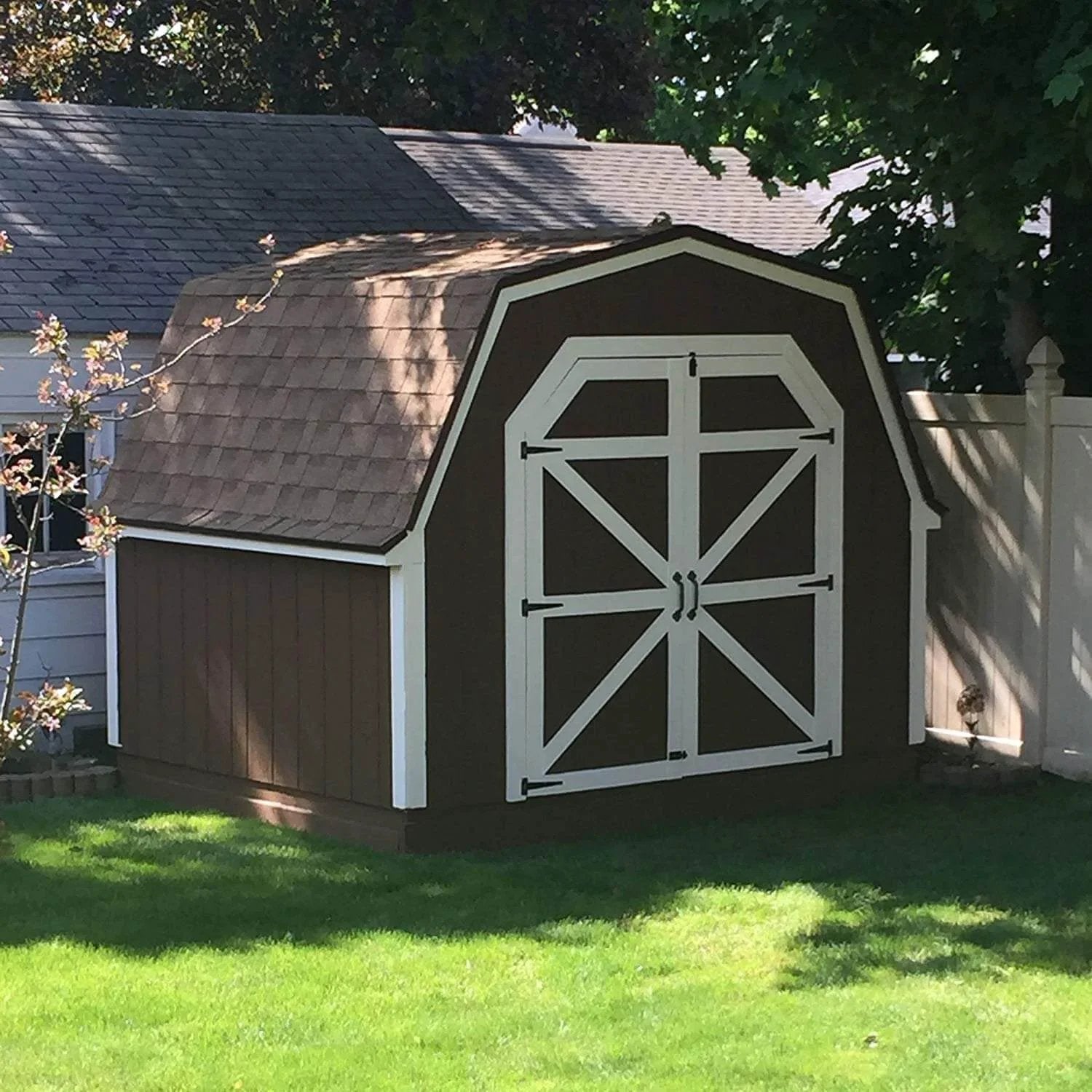 Shed with doors featuring 8 Inch T Strap Barn Door Hinges Heavy Duty Gate Hinge Set Black Wrought Iron Rustproof 6 Pcs, sunny day