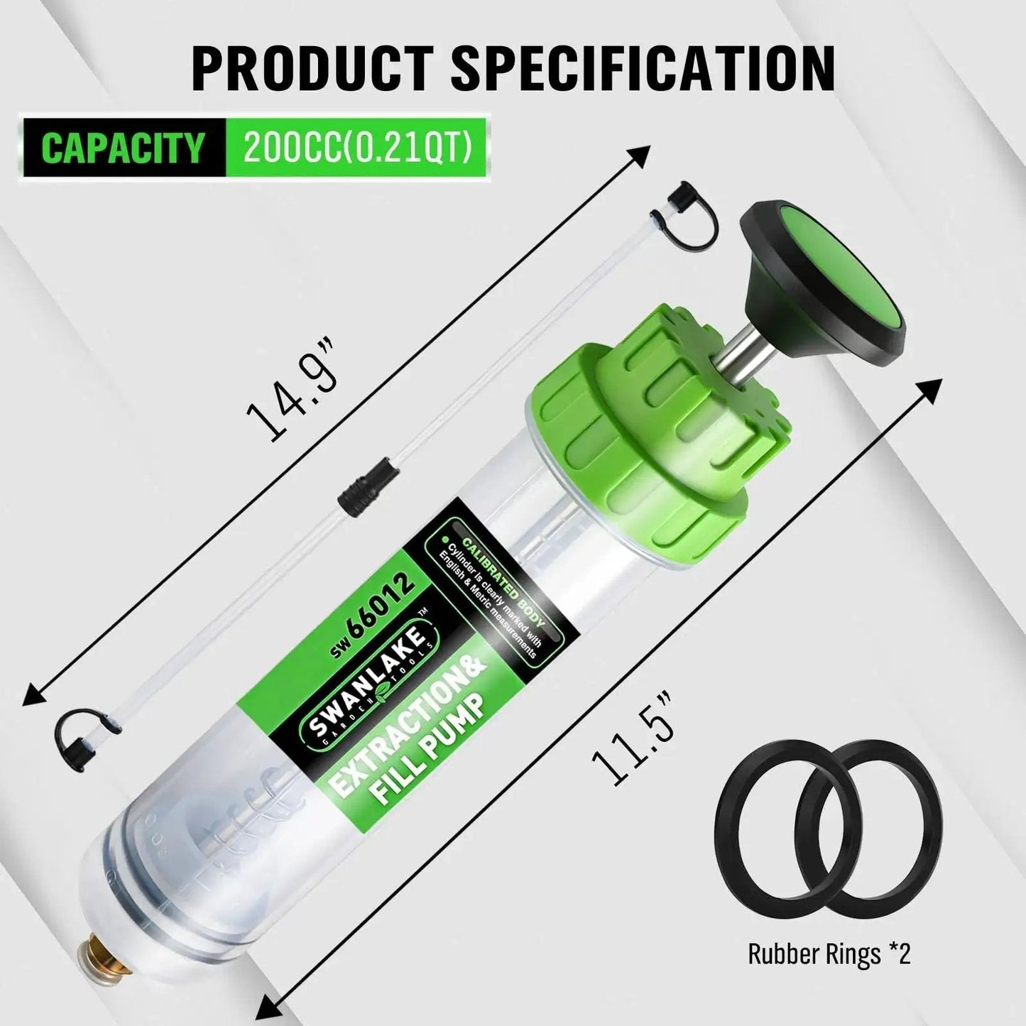 200cc Fluid Extractor Pump For Car Fluids Extraction And Manual Suction Transfer, translucent cylinder, green handle, rubber rings.