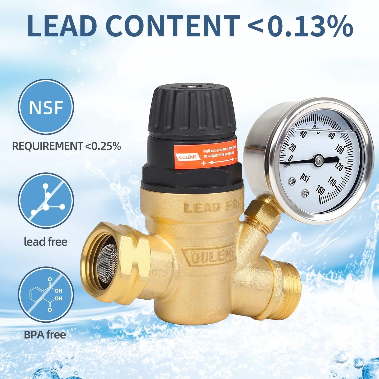RV Water Pressure Regulator Valve With Adjustable Handle And Dual Filters, Brass Lead Free, Silicone Oil Gauge Display.
