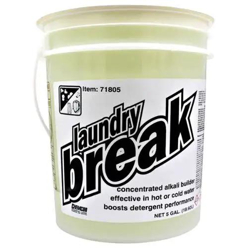 Heavy Duty Laundry Booster Detergent For Hot Or Cold Water Deep Cleaning, 5-gallon bucket labeled 'Laundry Break' with concentrated alkali builder.