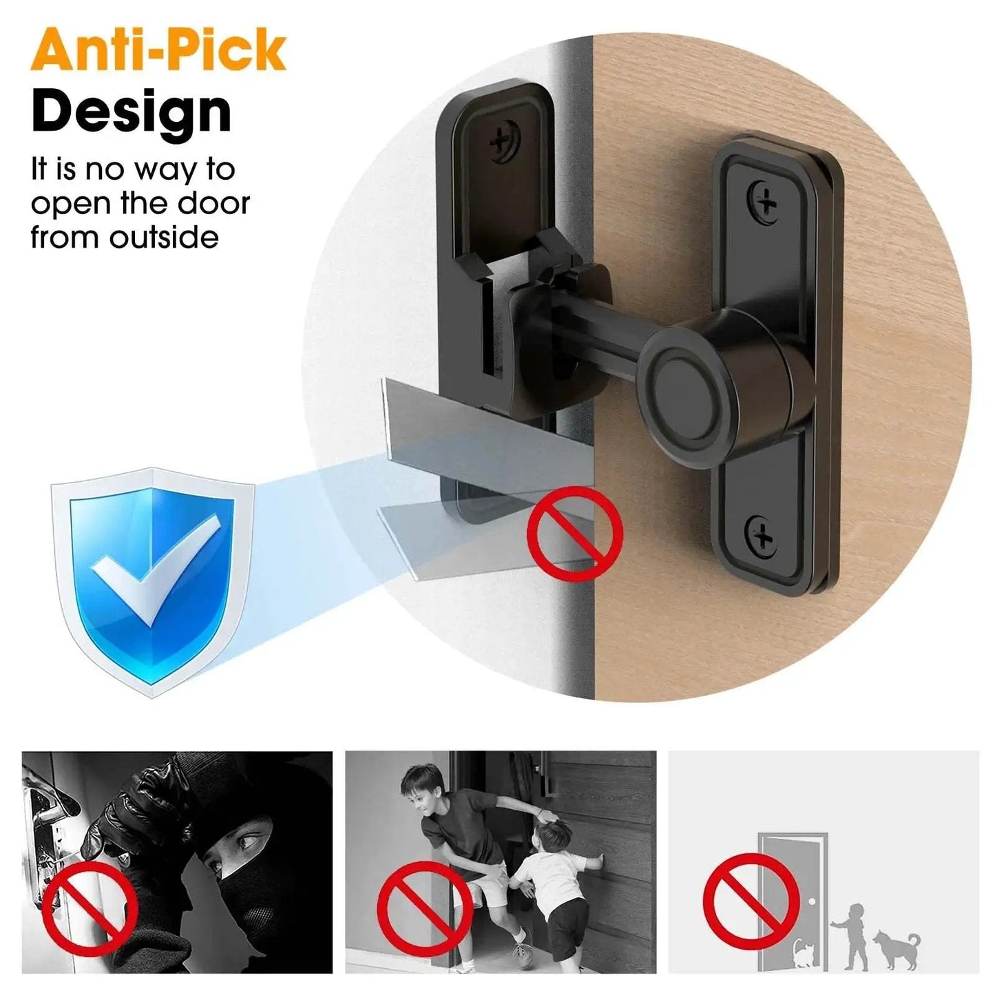 Sliding Barn Door Lock Hardware With 2-In-1 Keyless Entry And 90/180 Degree Mounting, anti-pick design demonstration.