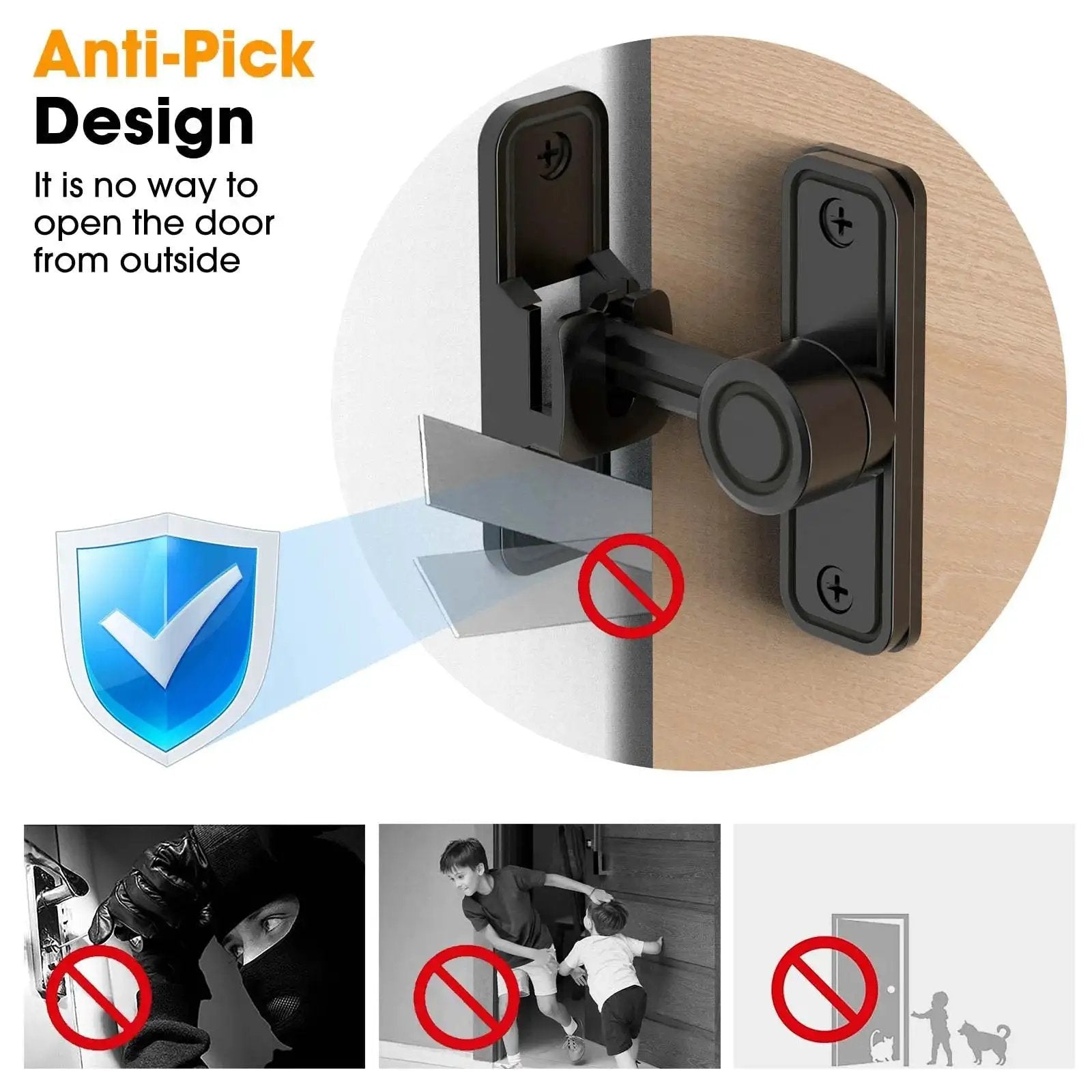 Sliding Barn Door Lock Hardware With 2-In-1 Keyless Entry And 90/180 Degree Mounting, anti-pick design demonstration.