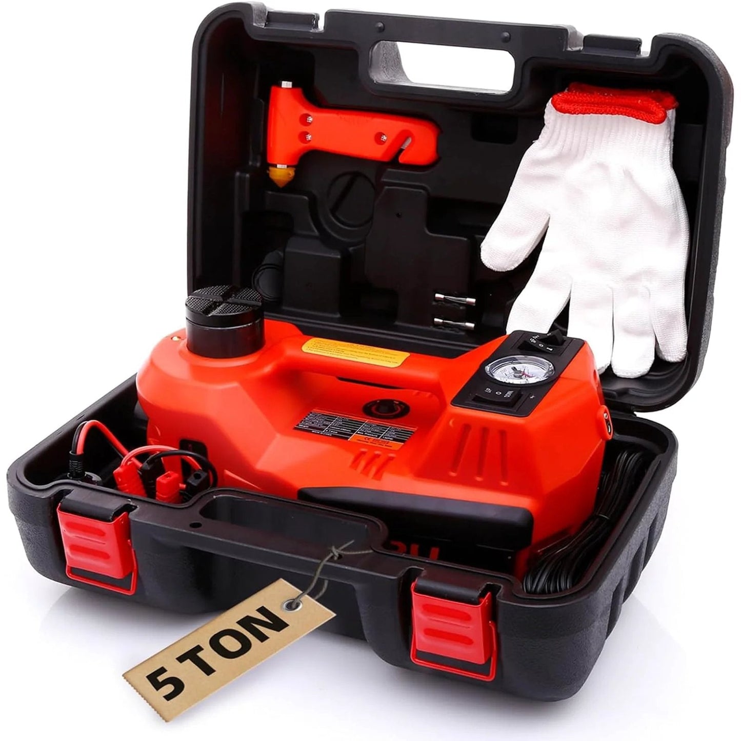 Powerful 5Ton Electric Car Jack With Quick Hydraulic Lift Portable 12V Floor Jack Tire Inflator LED Light And Full Accessory Kit For Cars SUVs And Trucks in a case