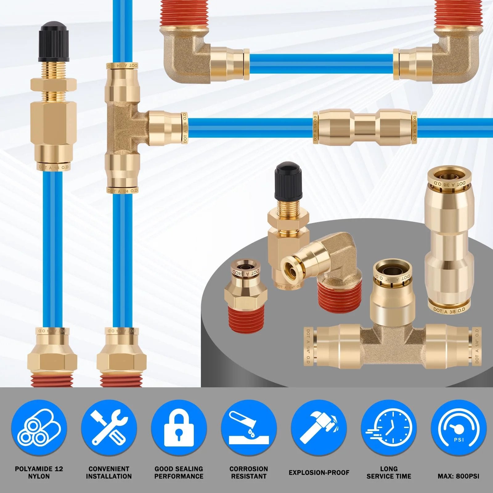 Brass DOT Air Line Fittings Kit With 100 Feet Of One Quarter Inch And 50 Feet Of Three Eighths Inch Blue DOT Tubing set showing fittings and valves