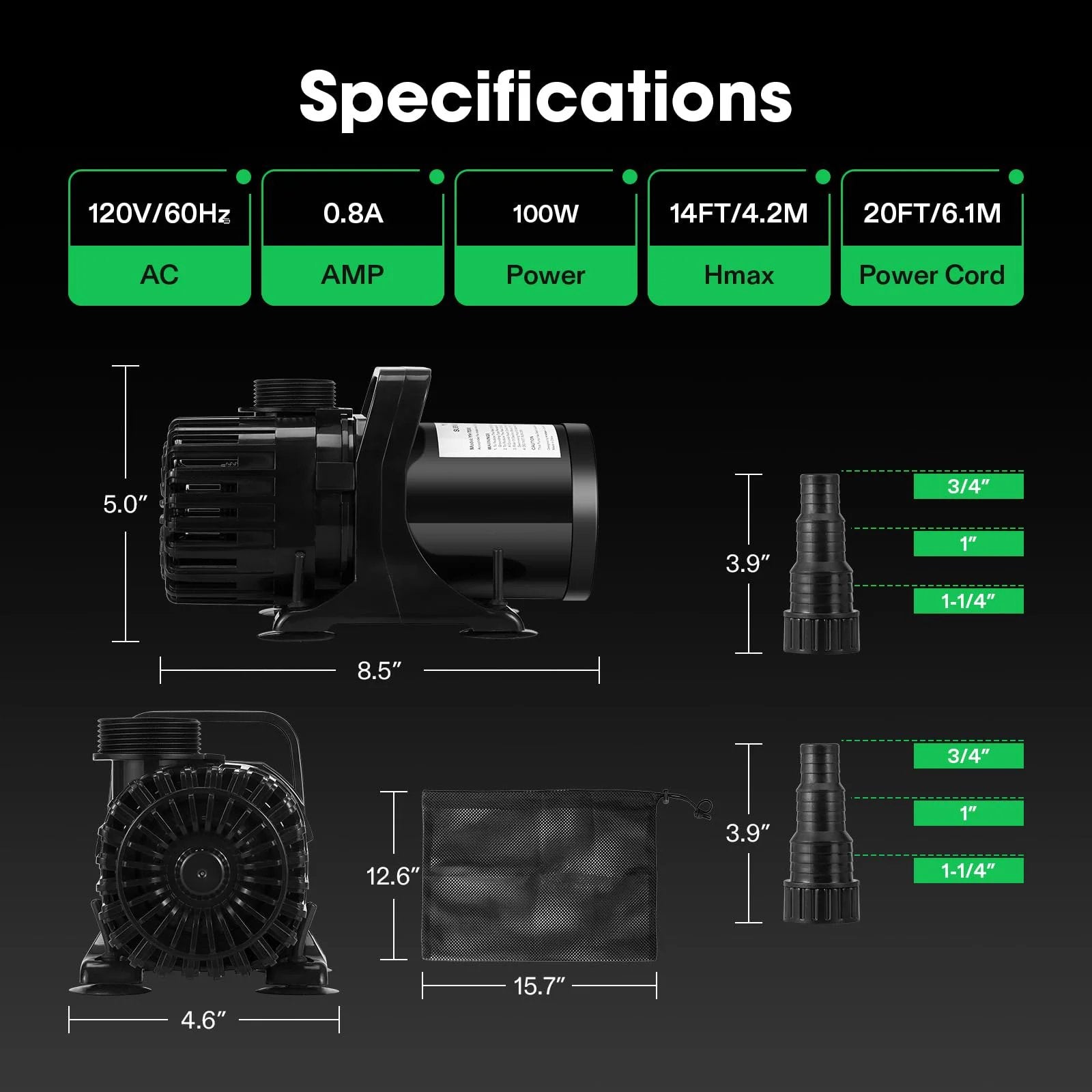 All-Purpose Submersible Pond Pump 1800 GPH, 100W, 14 Ft Lift, Ultra Quiet and Energy Efficient, with specifications chart