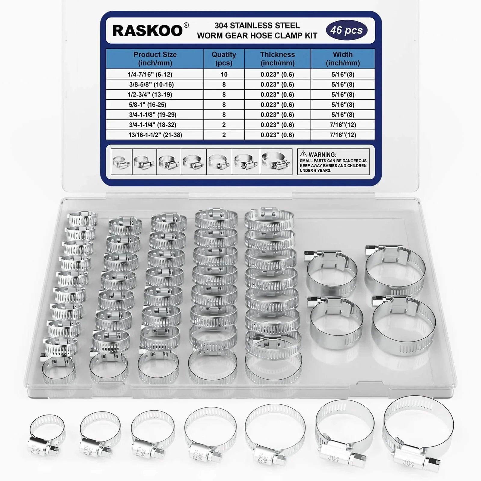 46 Piece Premium Adjustable Stainless Steel Hose Clamps Kit Featuring Seven Size Range From Quarter Inch To One And One Half Inch For Fuel Line Plumbing Automotive And Mechanical Applications Long Lasting Worm Gear Clamps displayed in box.