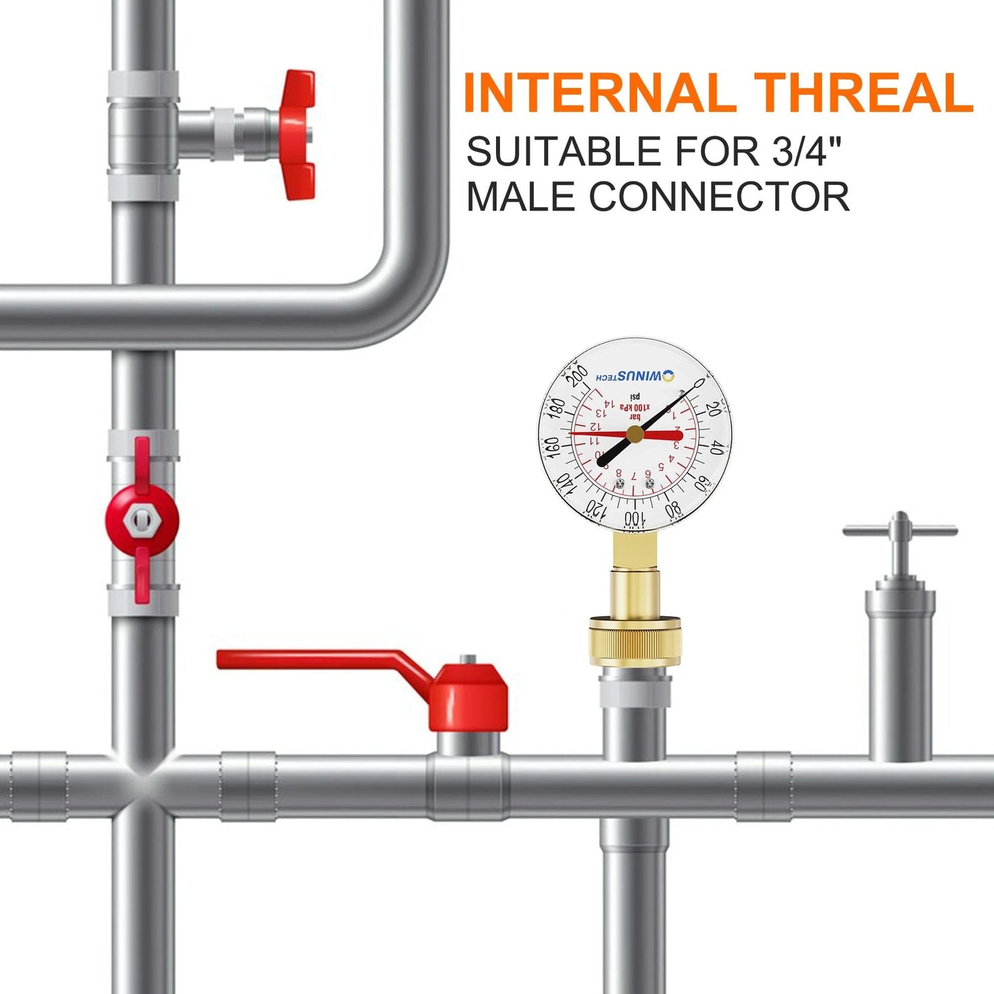 Water Pressure Gauge With Three Quarters Inch Female Connection For Home Use 0 To 200 PSI Range Two And A Half Inch Dial Garden Hose Thread Compatible GHT High Precision For Residential Plumbing installed on pipes with internal thread suitable for 3/4 inch male connector.