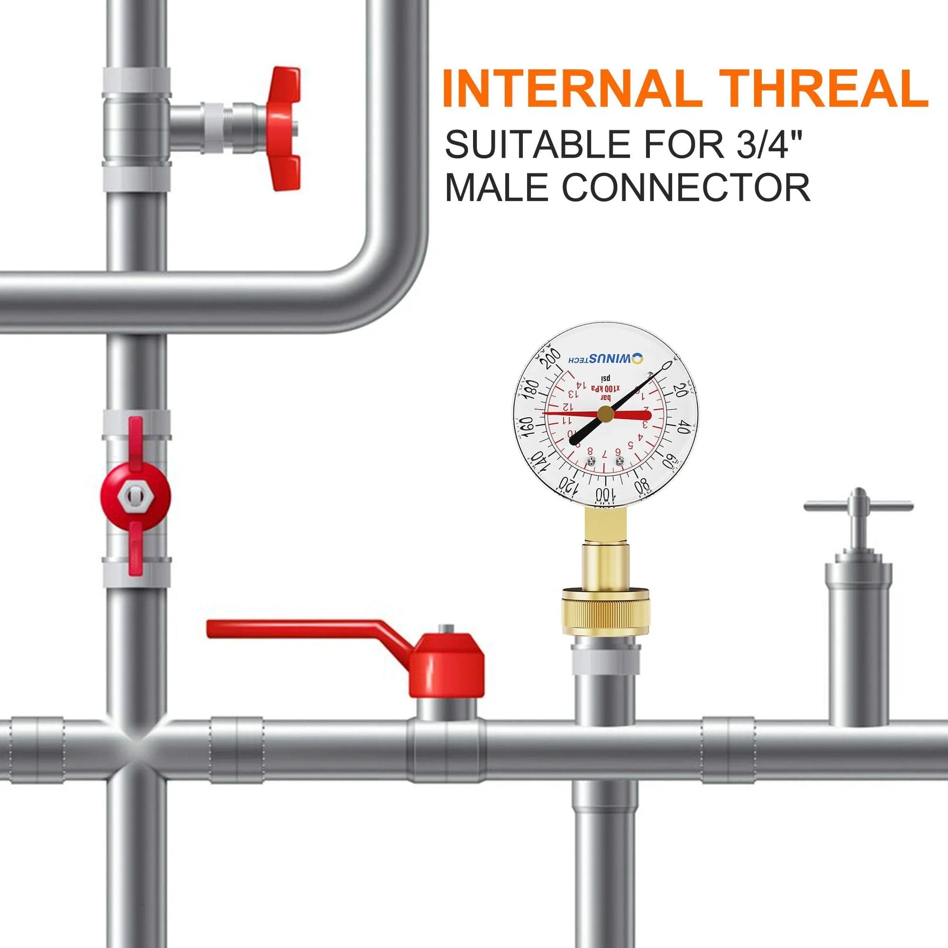 Water Pressure Gauge With Three Quarters Inch Female Connection For Home Use 0 To 200 PSI Range Two And A Half Inch Dial Garden Hose Thread Compatible GHT High Precision For Residential Plumbing installed on pipes with internal thread suitable for 3/4 inch male connector.