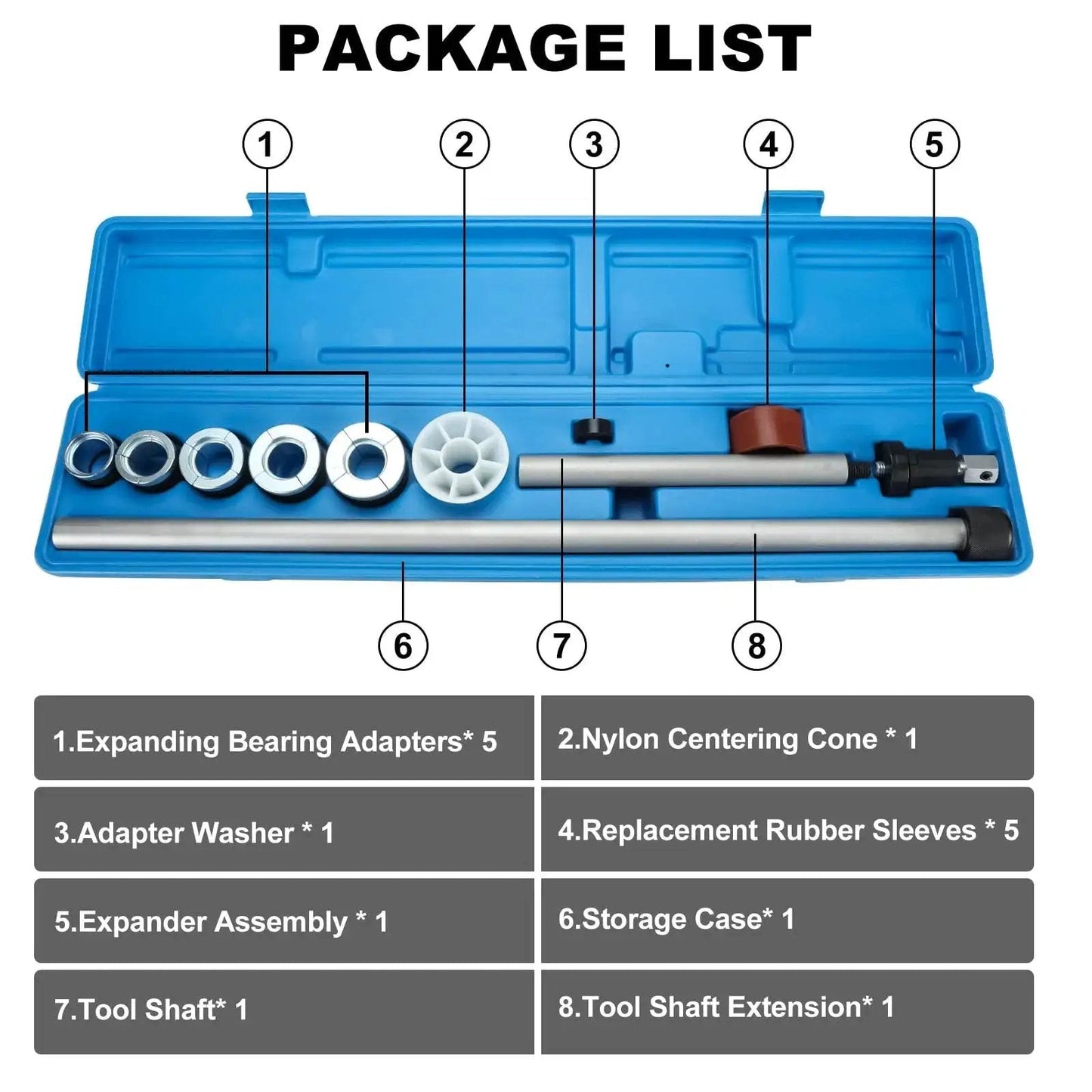Universal Cam Bearing Removal and Installation Tool Set for Camshaft Bearings 1.125 to 2.690 Inches with neoprene adapters in case.