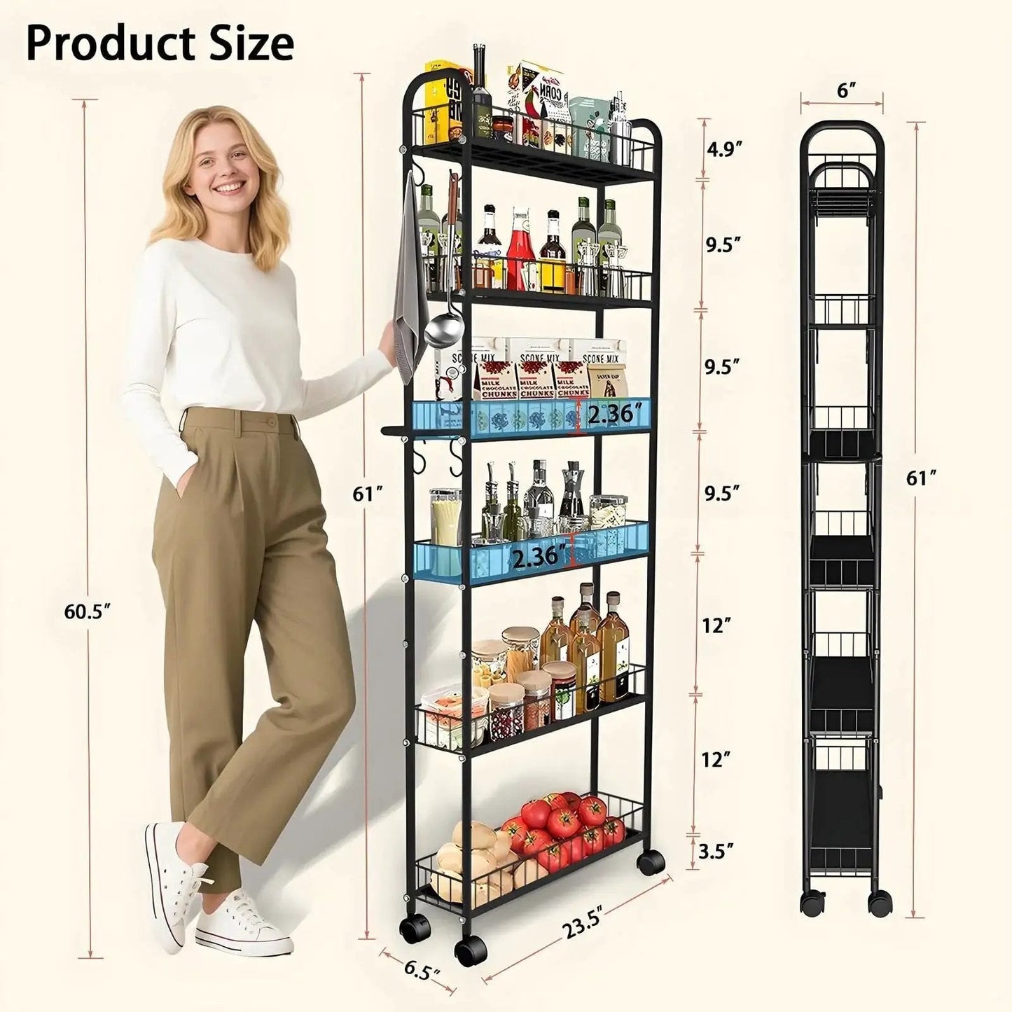 Woman standing next to Six Tier Ultra Slim 6 Inch Depth Rolling Storage Cart On Wheels With Handle for narrow spaces showing product size