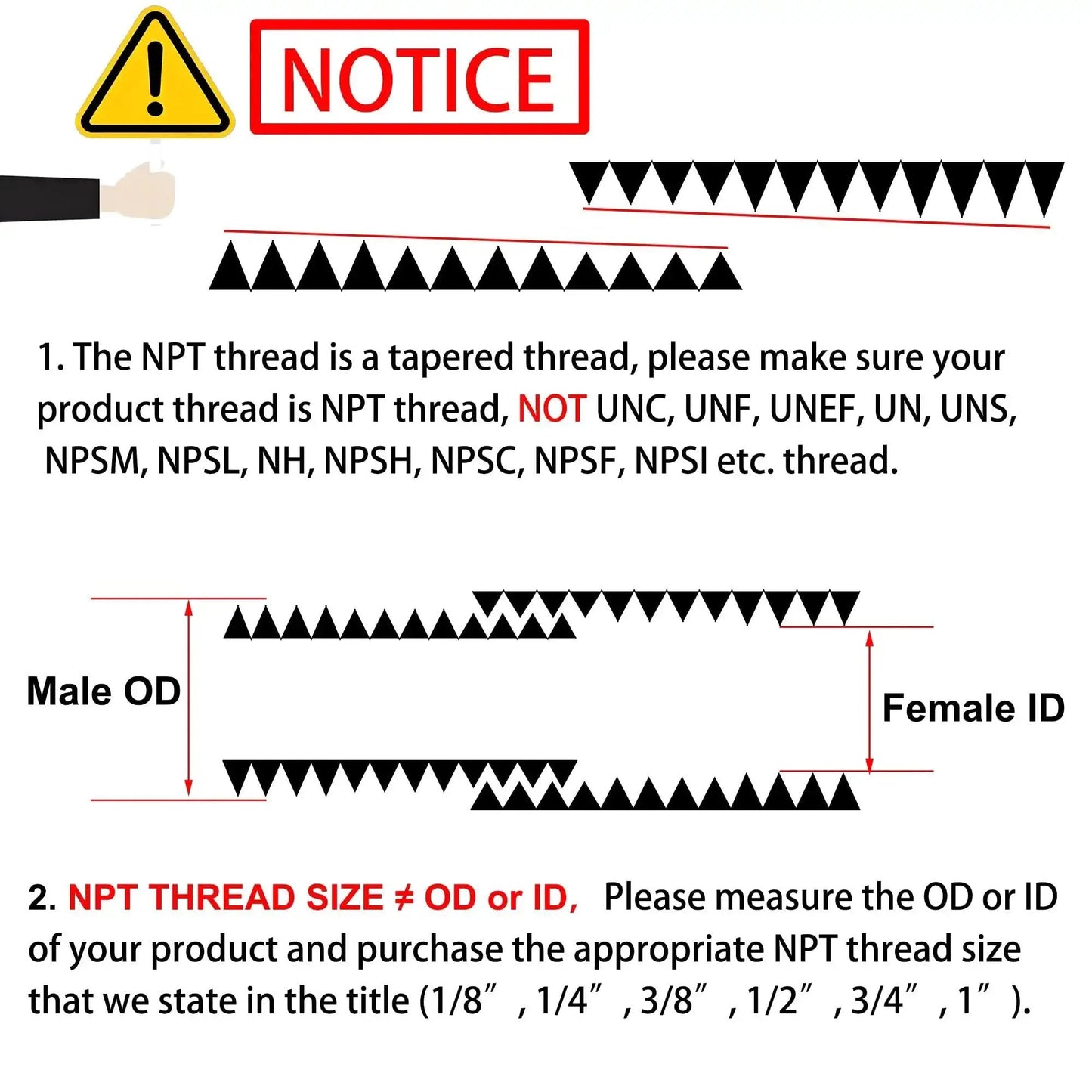 Diagram explaining NPT versus non-NPT thread sizes, highlighting the importance of matching product threads correctly to NPT standards.