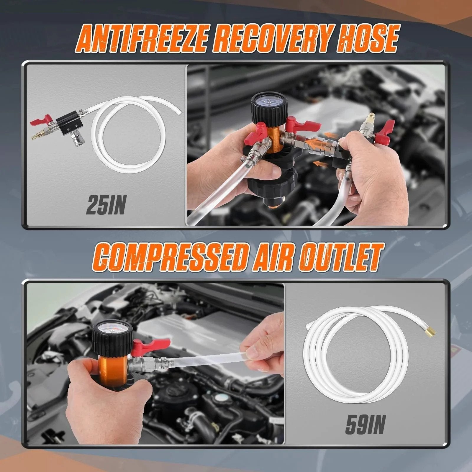 Universal Coolant Vacuum Refill Kit With 5 Adapters And Pressure Gauge For Leak Detection In Radiator And Heating Core Lines All In One Eliminates Trapped Air Tests For Leaks On 95 Percent Of Vehicles Beley Compatible showing 25in antifreeze recovery hose and 59in compressed air outlet
