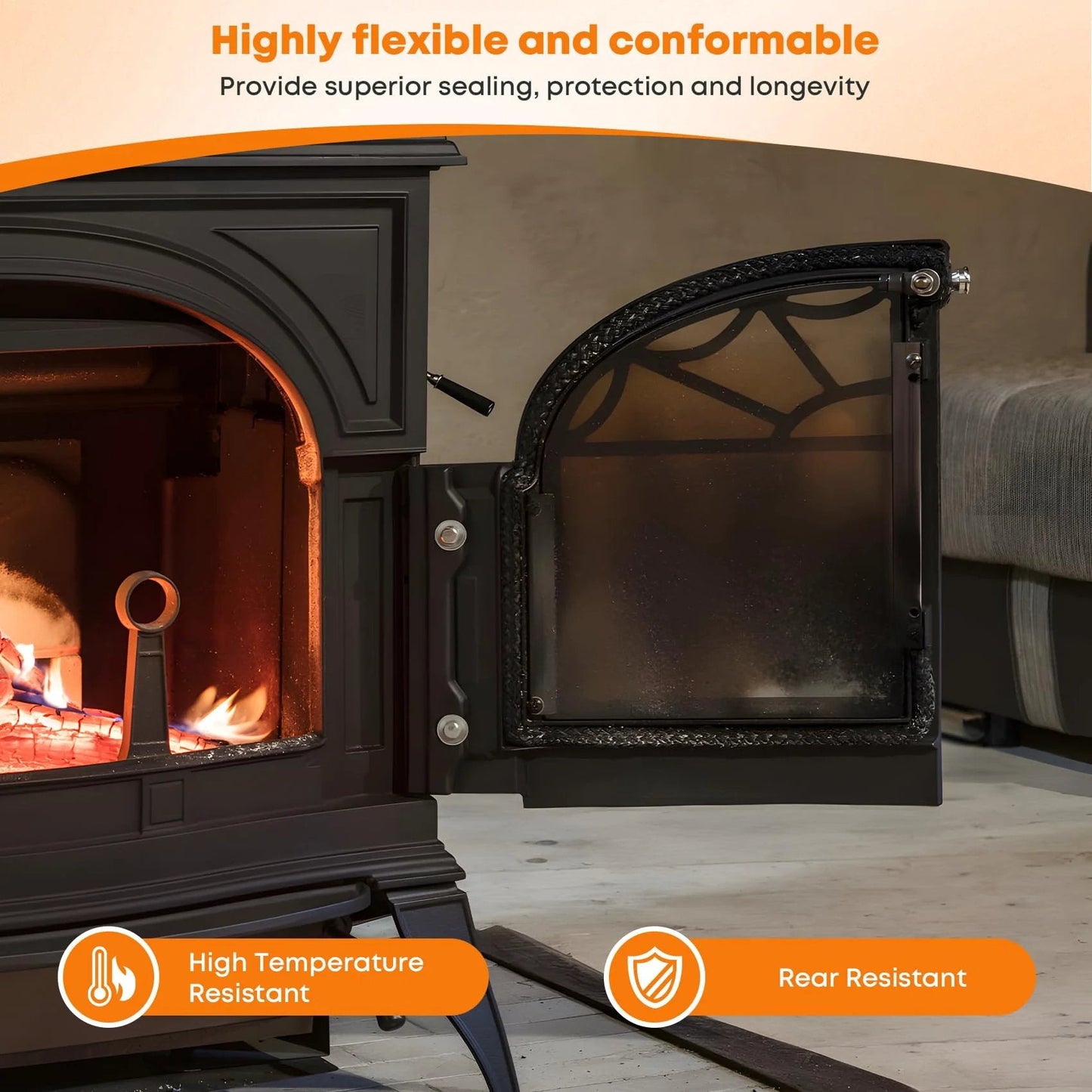 Wood stove with Graphite Impregnated Fiberglass Flat Rope Seal and High Temperature Cement Gasket Kit installed on open stove door.