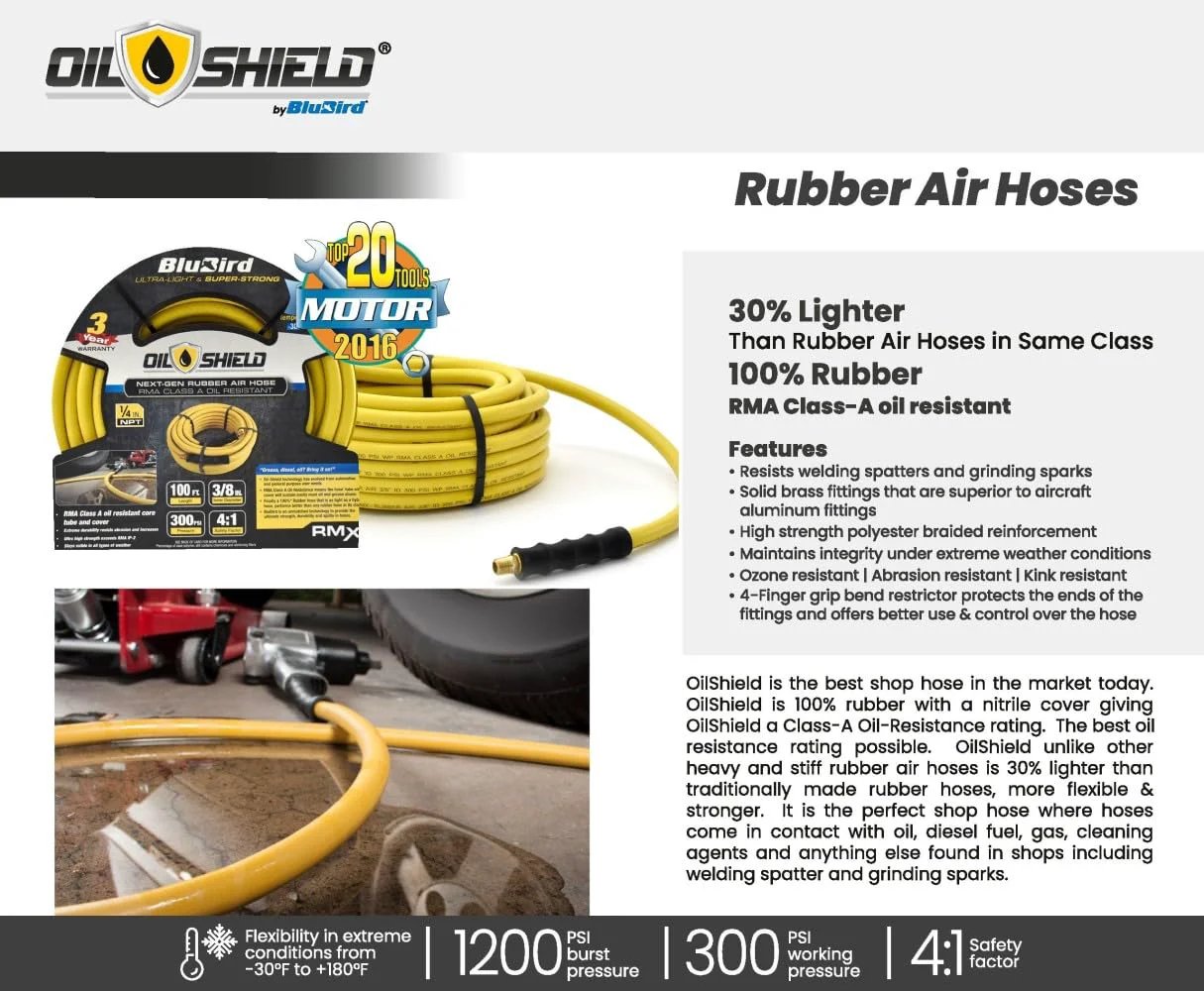 Next Gen Oil Resistant Air Hose Three Eighths Inch By Fifteen Feet With RMA Class A Nitrile Core coiled for display