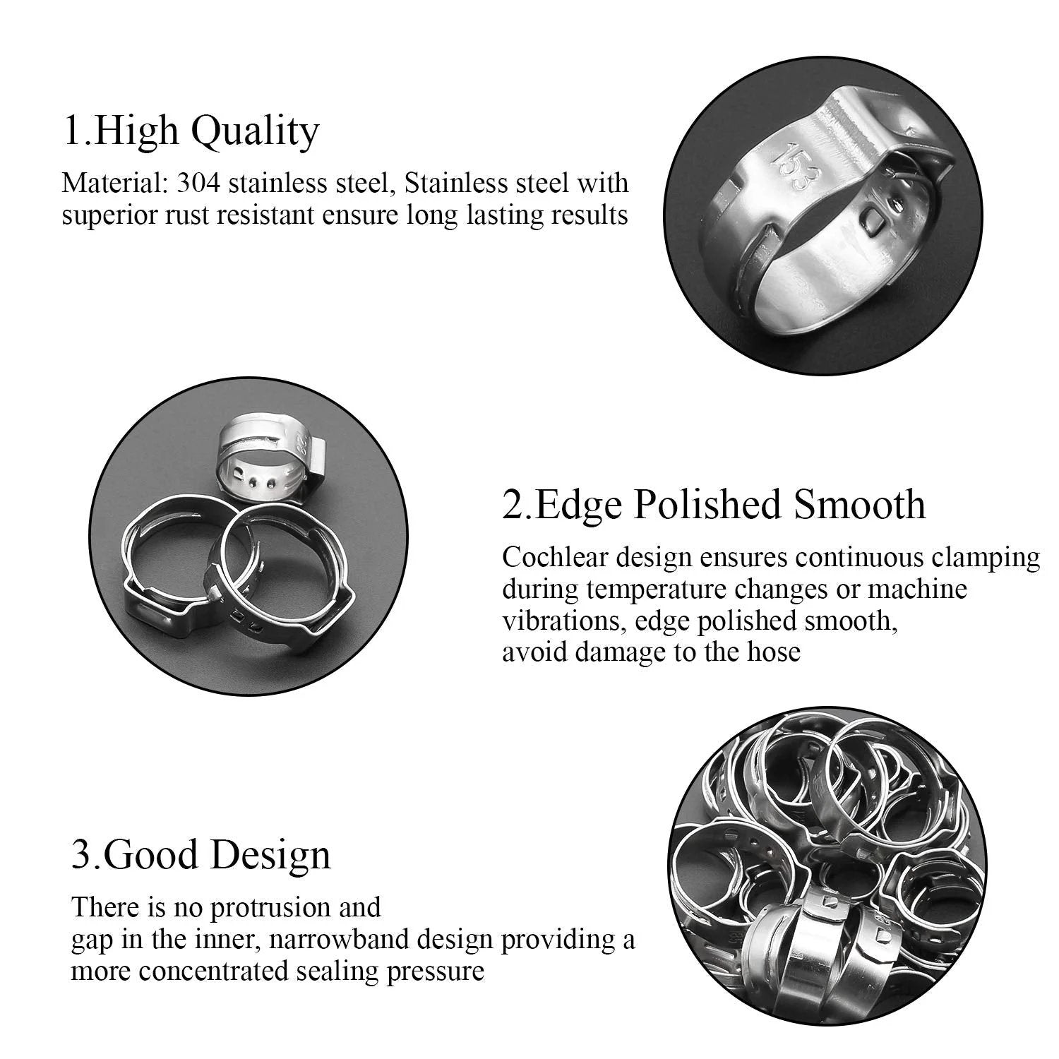 Diagrams showing features of 90 Pack Adjustable Hose Clamps 6 To 21mm Single Ear, 304 Stainless Steel Heavy Duty Hose Band Clamps for automotive use.