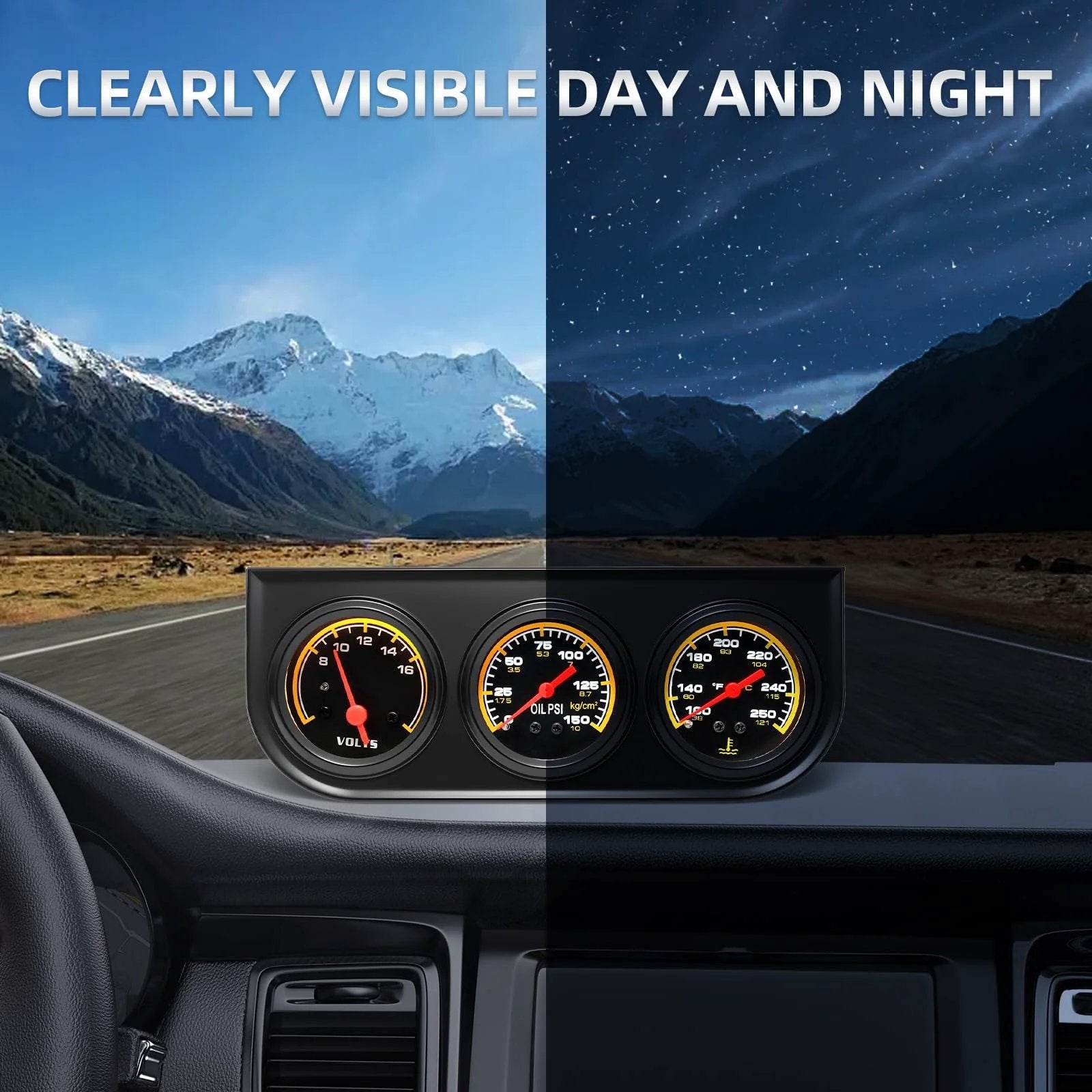 Pro Grade Triple Gauge Kit For Cars 52mm 2 Inch Voltmeter Oil Pressure Gauge 0 To 150 PSI And Water Temperature Gauge displayed on car dashboard in day and night view
