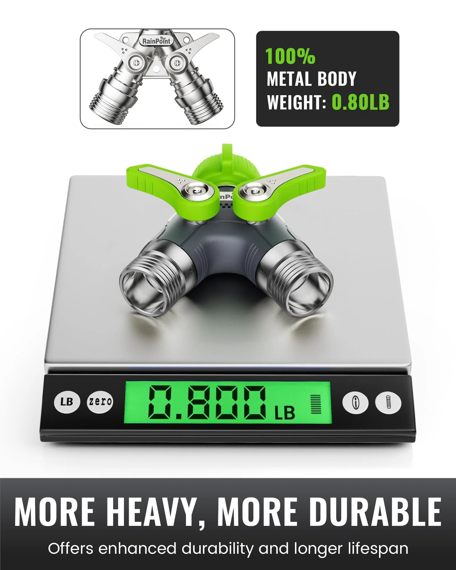 Heavy Duty Metal Garden Hose Splitter 2 Way Y Valve With Shutoff on a scale, 100 Percent Metal Body, RainPoint Green