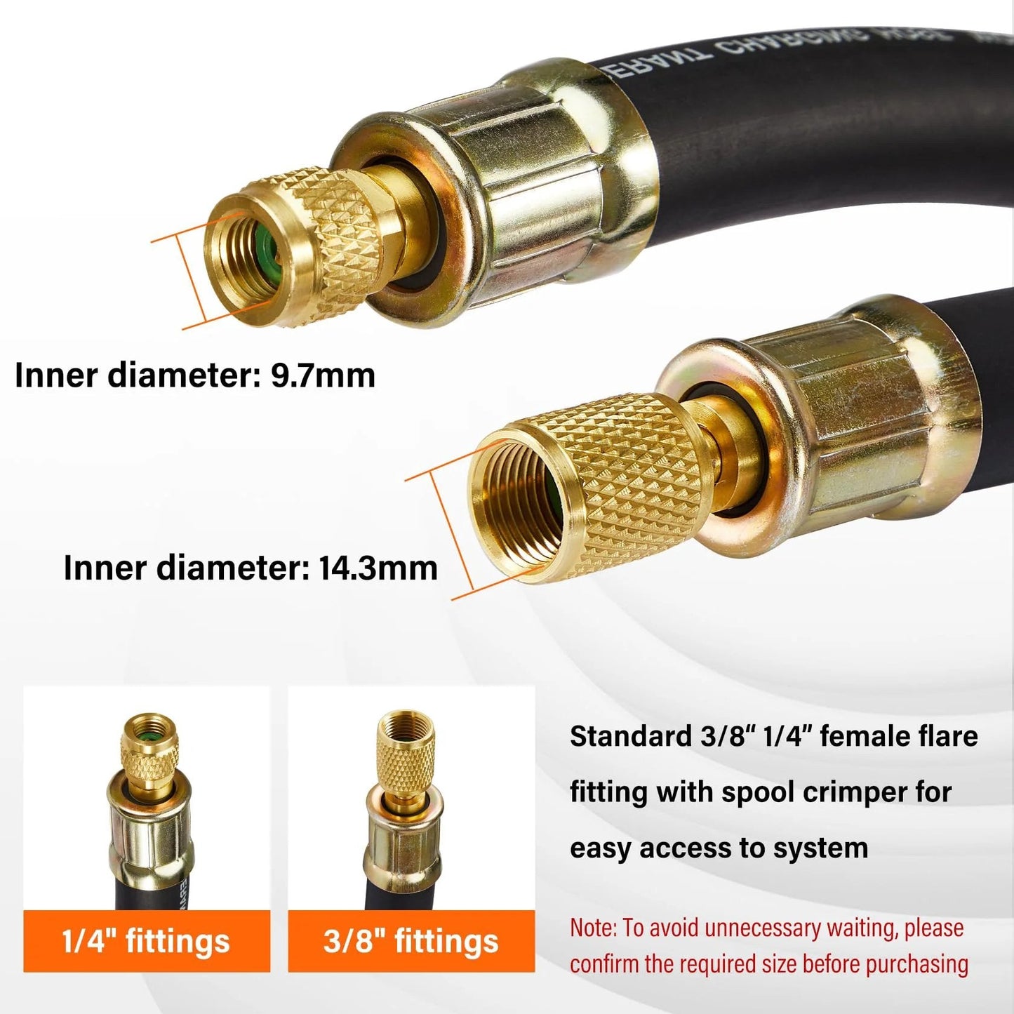 Upgraded One Half Inch HVAC Vacuum Hose With Three Eighths To One Quarter Inch Fittings, High Flow Refrigerant Hose, Close-up View