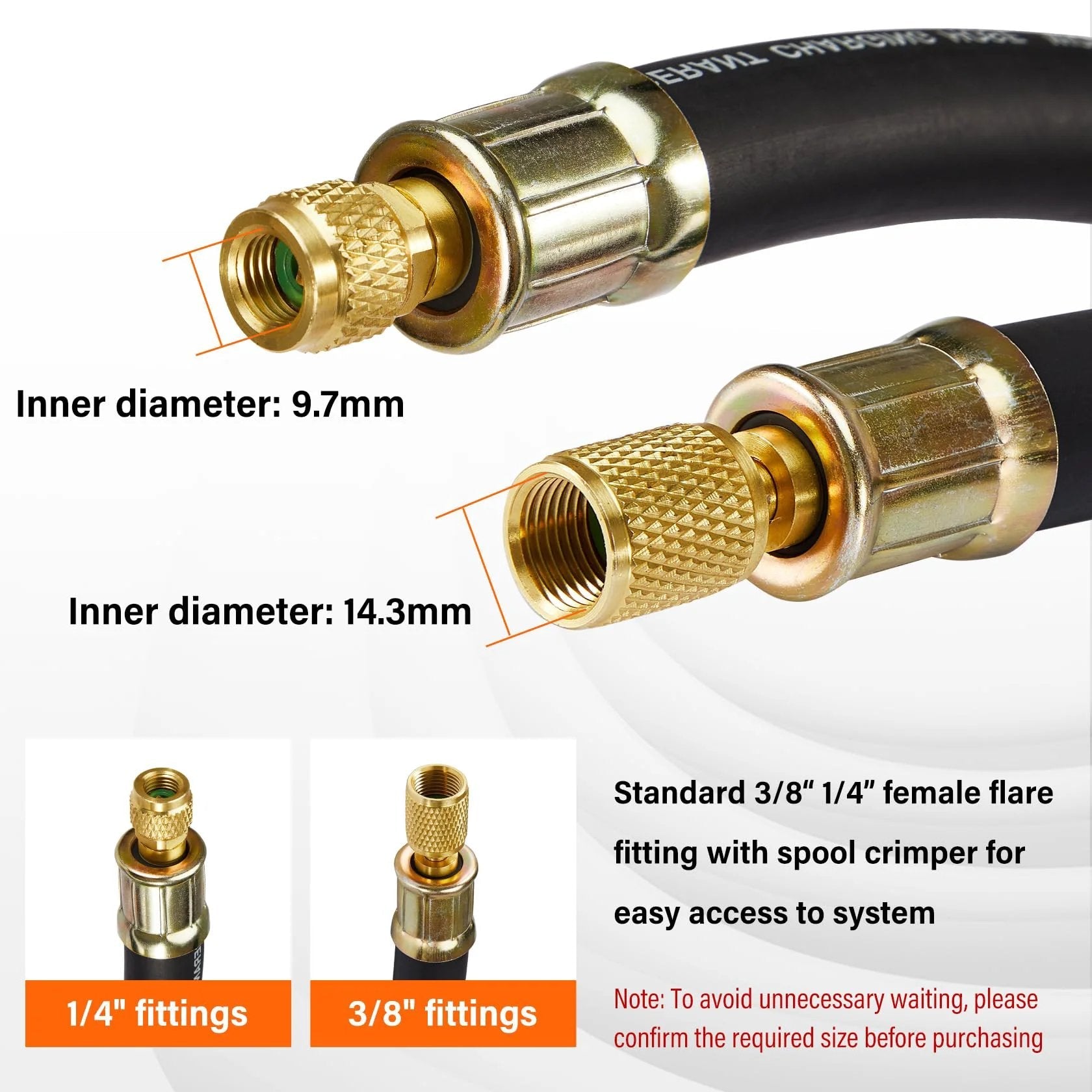 Upgraded One Half Inch HVAC Vacuum Hose With Three Eighths To One Quarter Inch Fittings, High Flow Refrigerant Hose, Close-up View