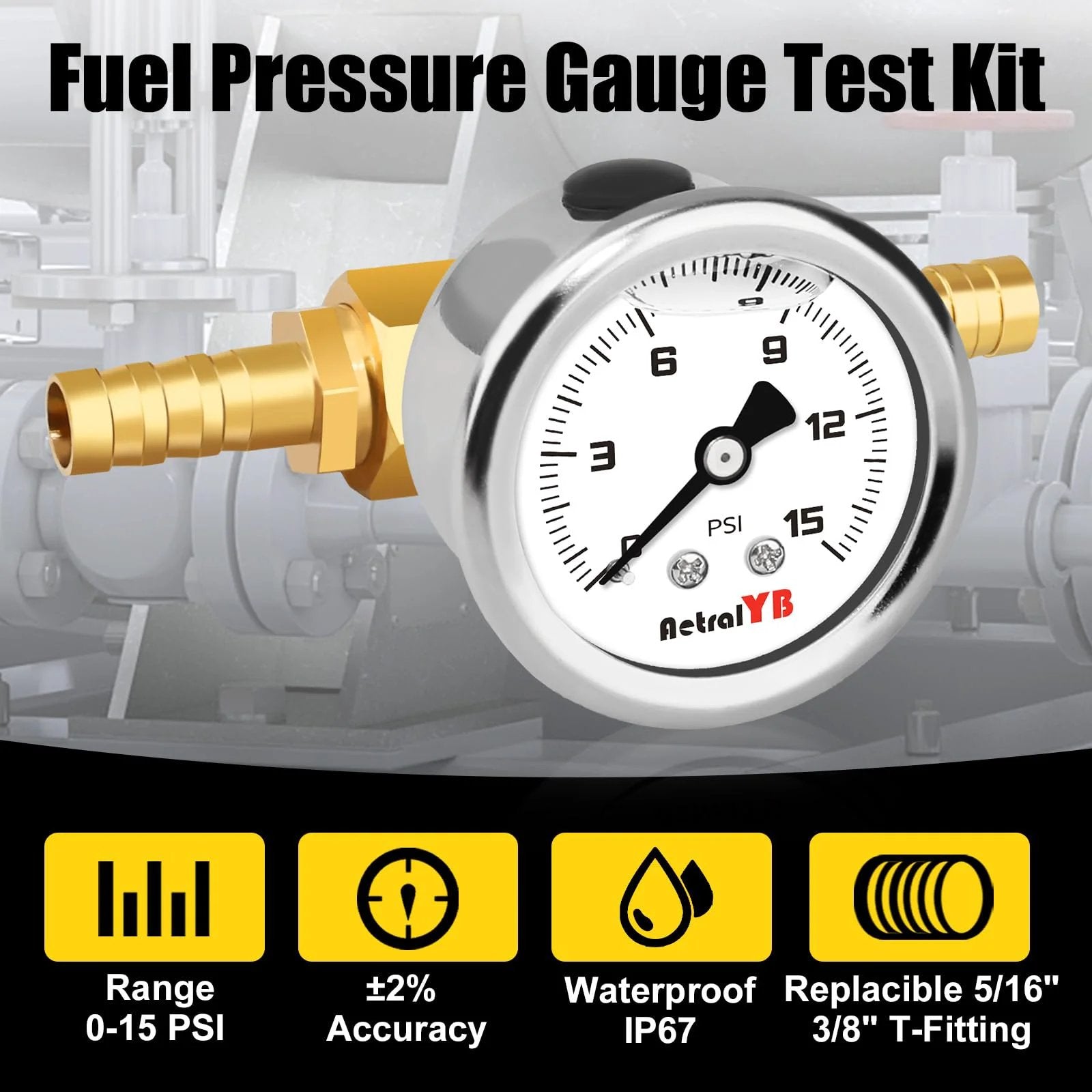Pro Grade Inline Fuel Pressure Test Kit With One And A Half Inch Dial And 0 To 15 Psi Glycerin Filled Gauge One Eighth Inch NPT Port Inline Regulator product image.