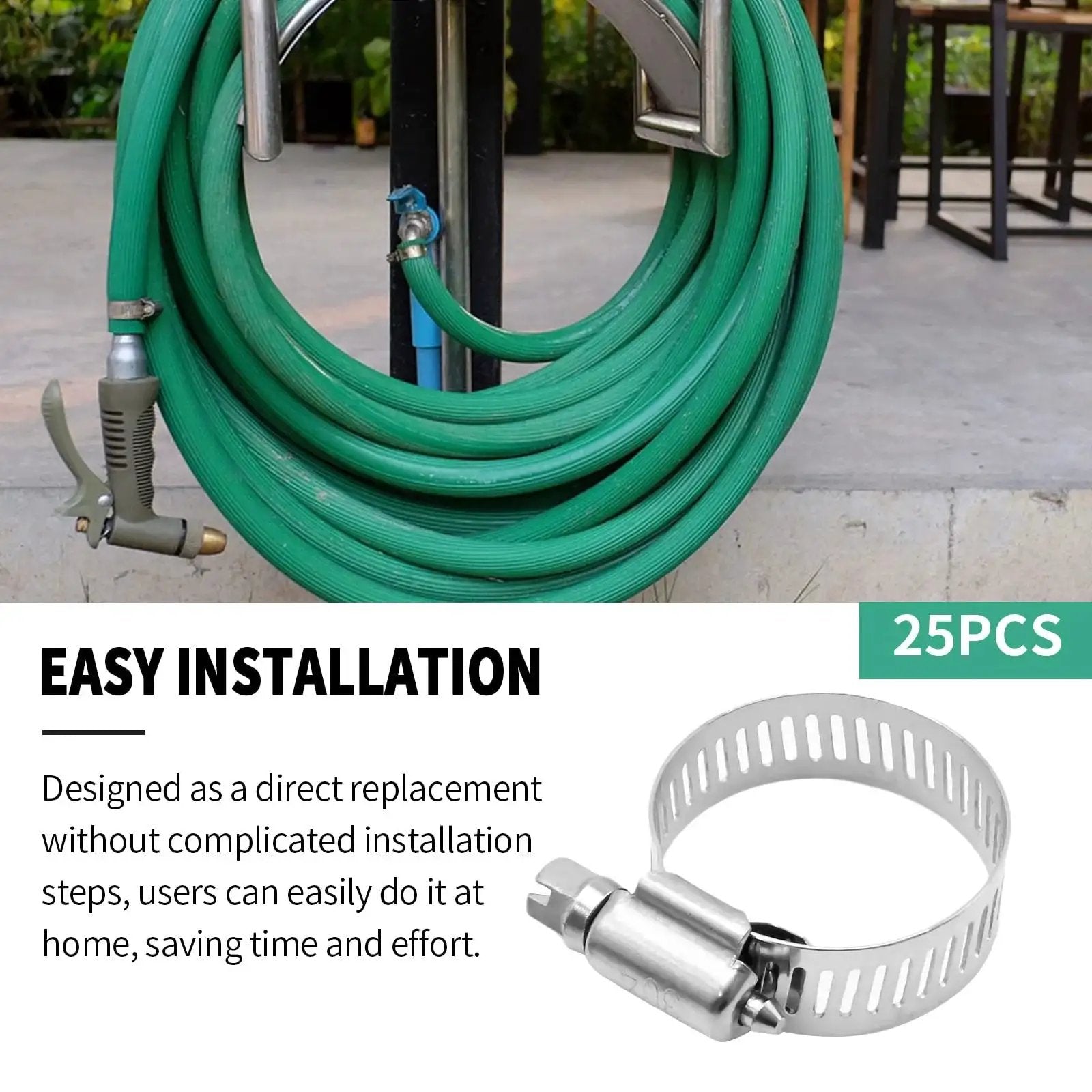 Heavy Duty Pro Grade Stainless Steel Hose Clamp Set, 25 Pcs, 304 Pro Grade, shown near green hose for automotive use