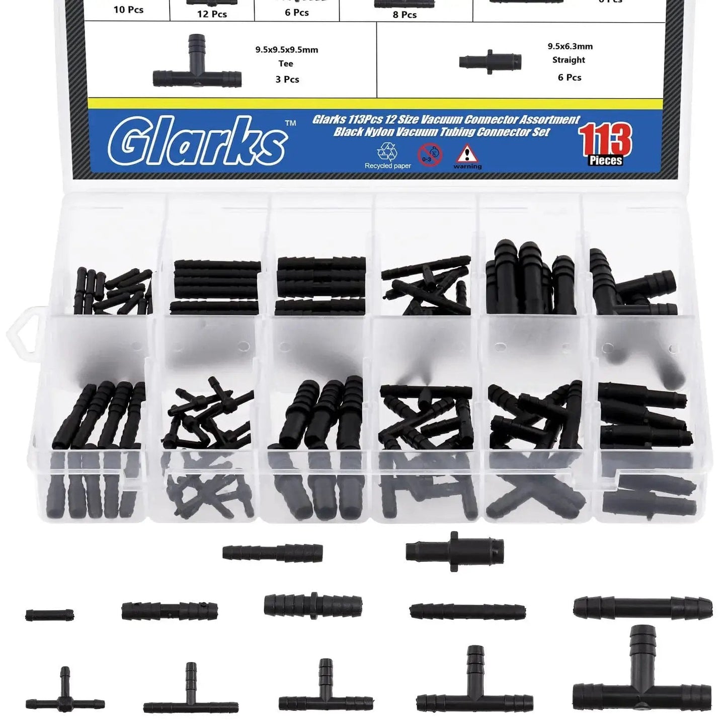 113 Piece Vacuum Connector Set In 12 Sizes, Black Nylon Tubing Connectors For Automotive Hose And Tubing, clear storage box with guide