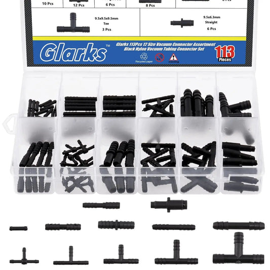 113 Piece Vacuum Connector Set In 12 Sizes, Black Nylon Tubing Connectors For Automotive Hose And Tubing, clear storage box with guide