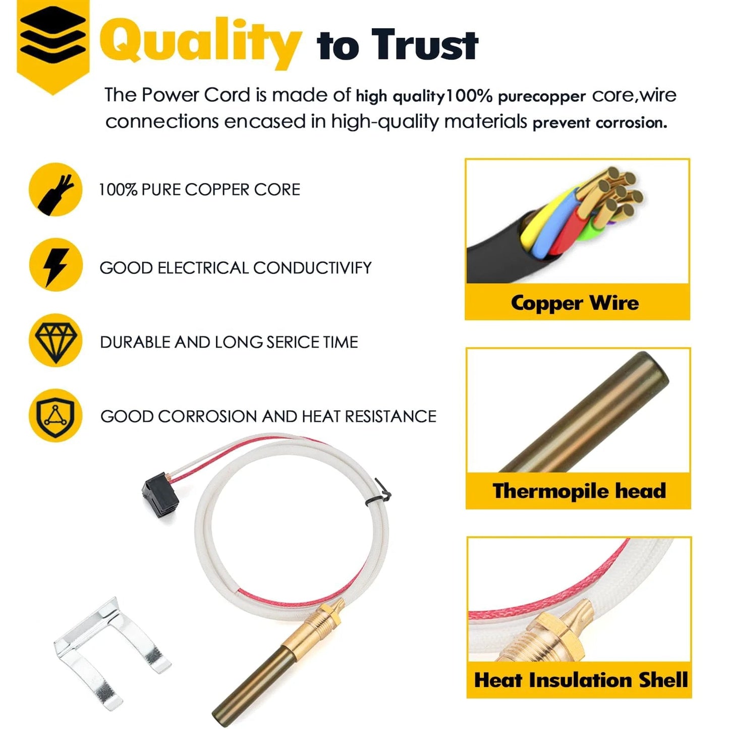 Plug And Play Thermopile Sensor Component For Pilot Burner Assembly Replacement Water Heater 750mV SP20824 SP21058 SP20800 SP21096 SP20739 Compatible With Rheem Ruud Richmond Water Heaters Natural And LPG Gas image showing copper wires, thermopile head, and heat insulation shell features.