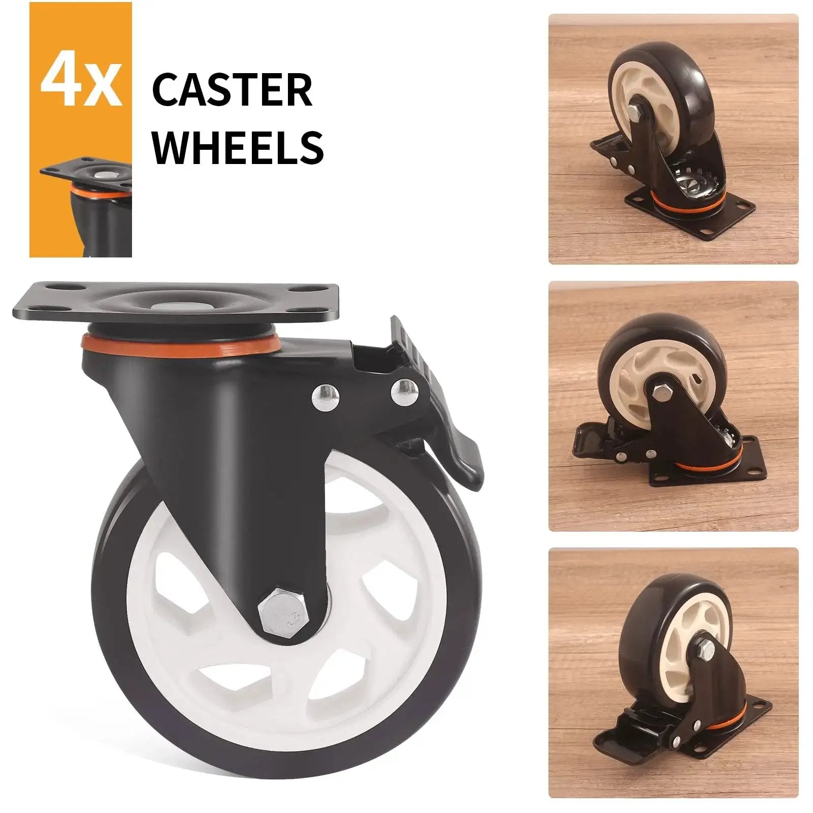 5 Inch Caster Wheels With Brake Set Of 4 Heavy Duty 2000 Lbs Industrial Swivel Casters Polyurethane Quiet Wheels For Cart And Workbench Dual Locking Safety Brakes Two Hardware Kits Included