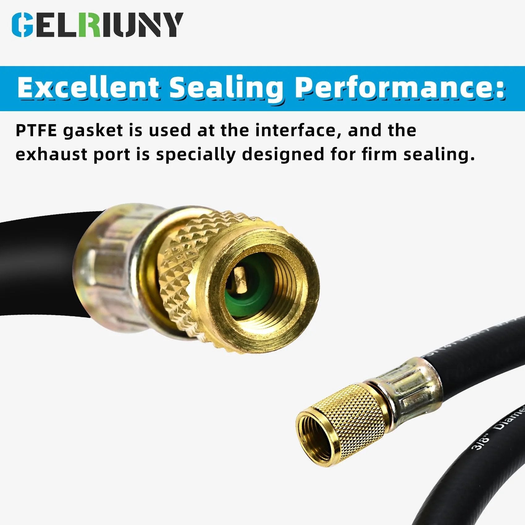 Close-up of upgraded heavy duty vacuum charging hose with PTFE gasket and fittings for refrigeration and air conditioning use.