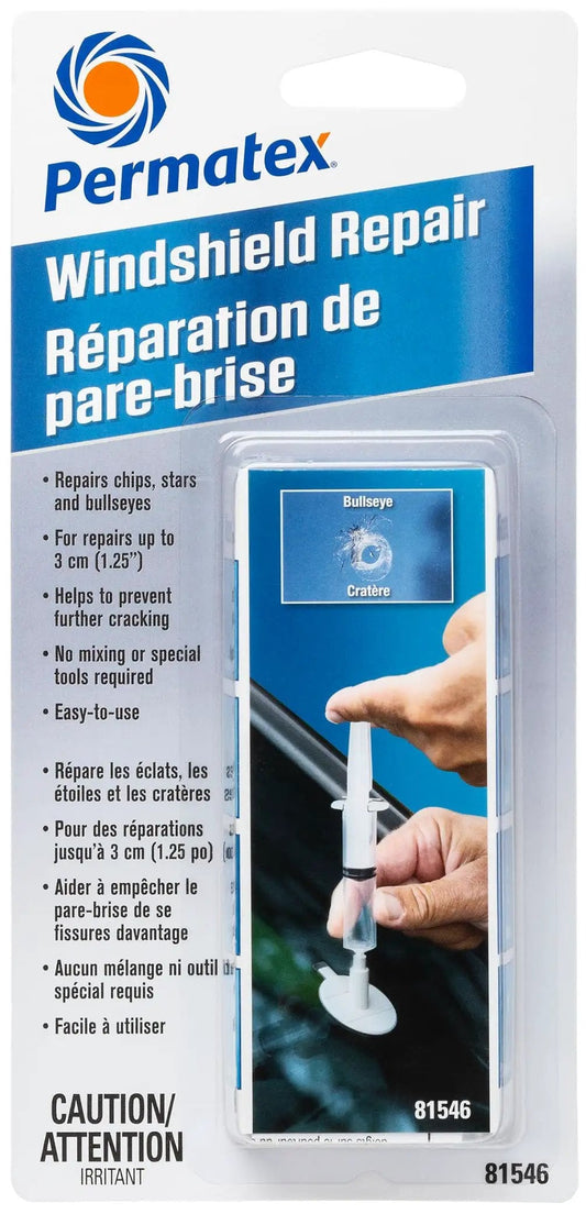 Windshield Chip Repair Kit For Stone Damage And Bullseyes, Fills Chips Up To 3cm With Repair Resin, Helps Prevent Cracking, Reduces Visibility, Safe And Easy To Use Permatex 81546 packaging with repair tool and instructions.