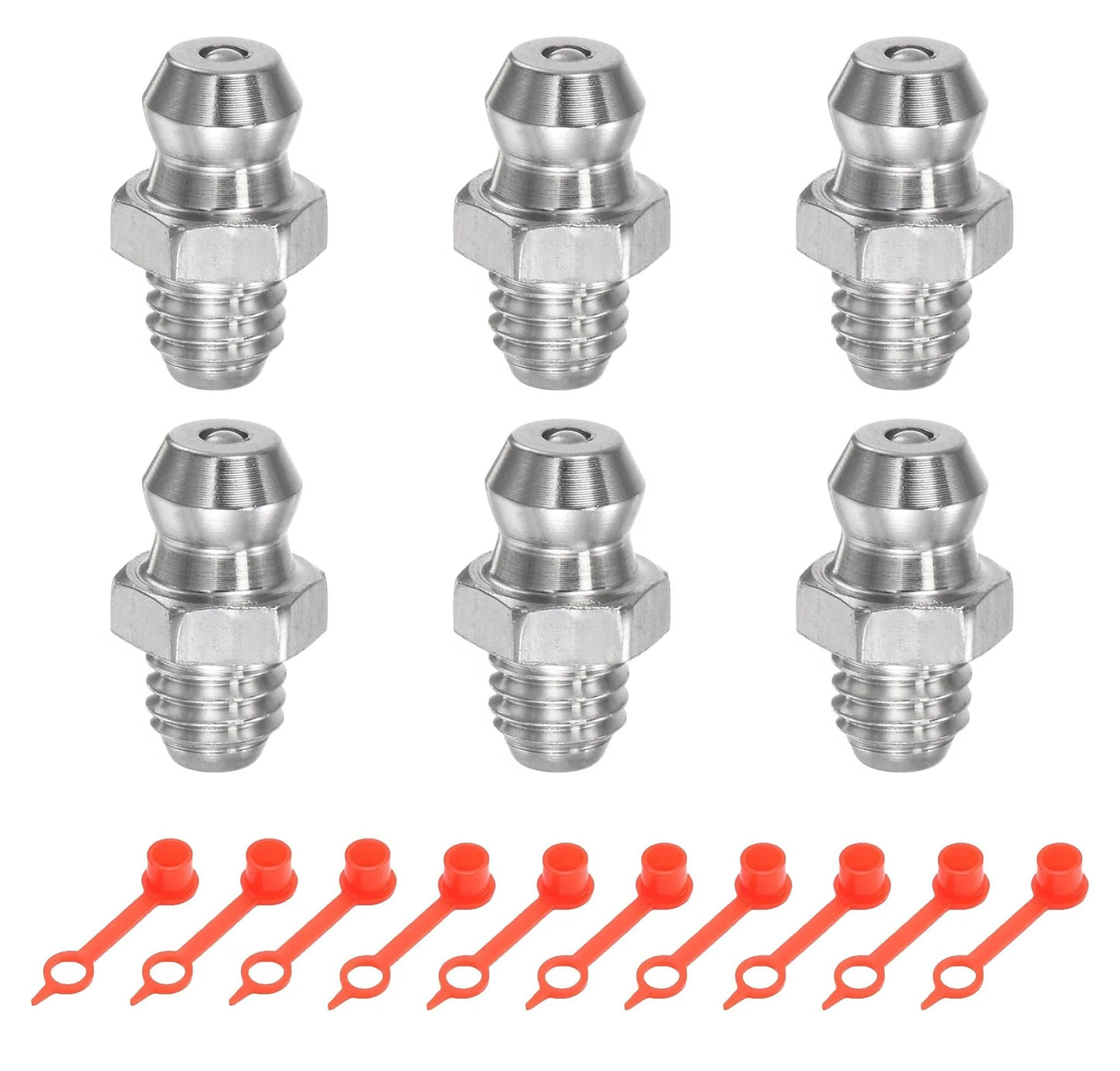 Six Pack 304 Stainless Steel Straight Grease Fittings M6 X 1mm Thread With Ten Dust Cover Caps For Hydraulic Systems Rust-Resistant And High Hardness Leak-Proof Long-Lasting Performance For Machinery And Equipment