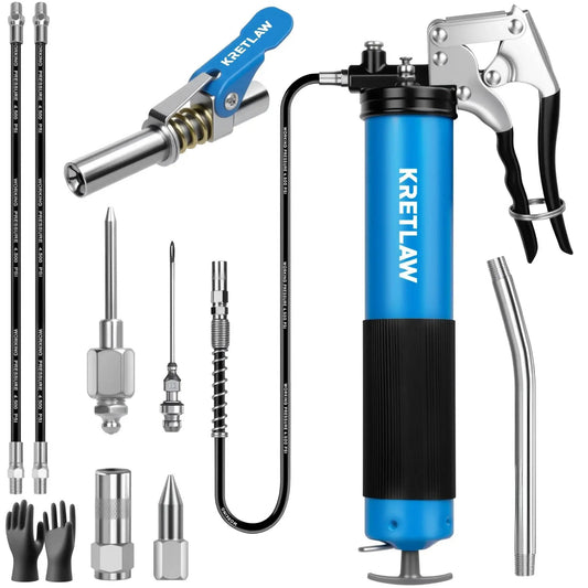 Heavy Duty 7000 PSI Pistol Grip Grease Gun Kit With 14 Oz Cartridge, spring hose, couplers, needles, and reinforced glove.