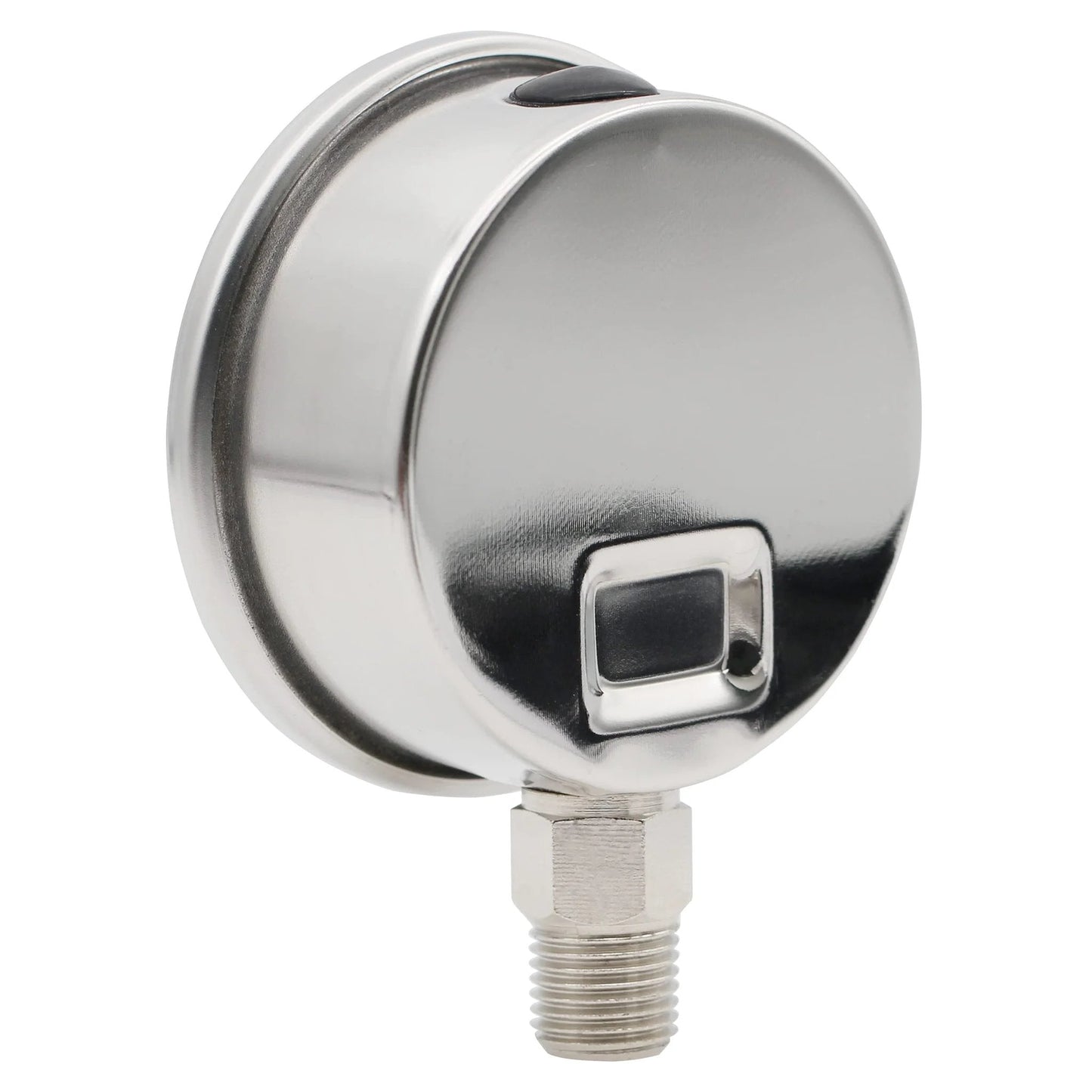 Side view of Water Pressure Gauge for Reverse Osmosis System, 0 to 1.6 MPa, Stainless Steel, showing one quarter inch quick connect