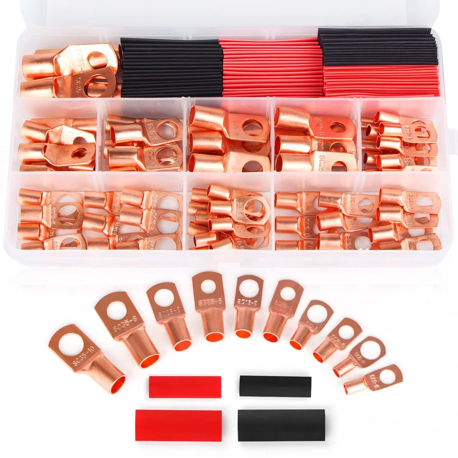 Must Have Copper Wire Lugs And Terminal Connectors Kit With Heat Shrink Tubing 130 Pcs Battery Cable Ends Bare Copper Eyelets And Ring Terminals For AWG 12 Through 2