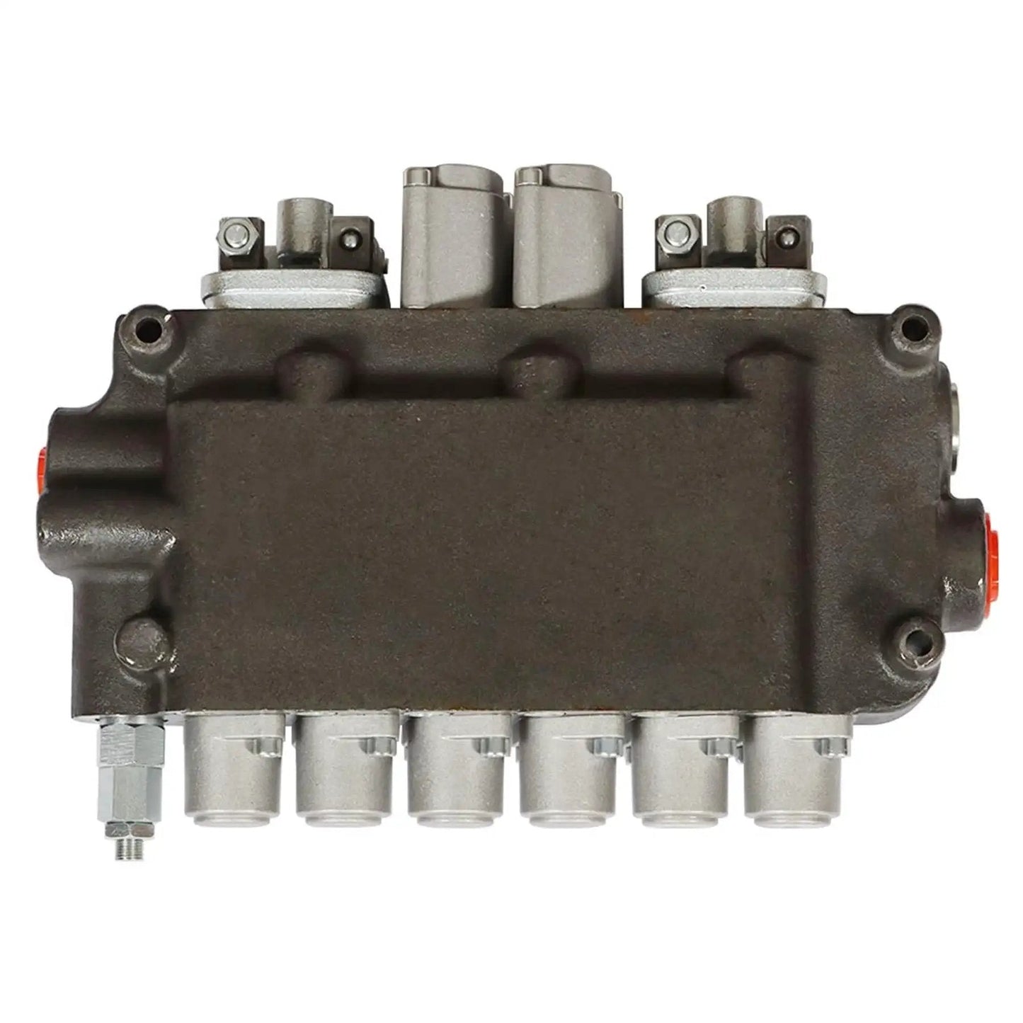 Front view of Heavy Duty 6 Spool Hydraulic Directional Control Valve for small tractors, loaders, and log splitters, cast iron construction